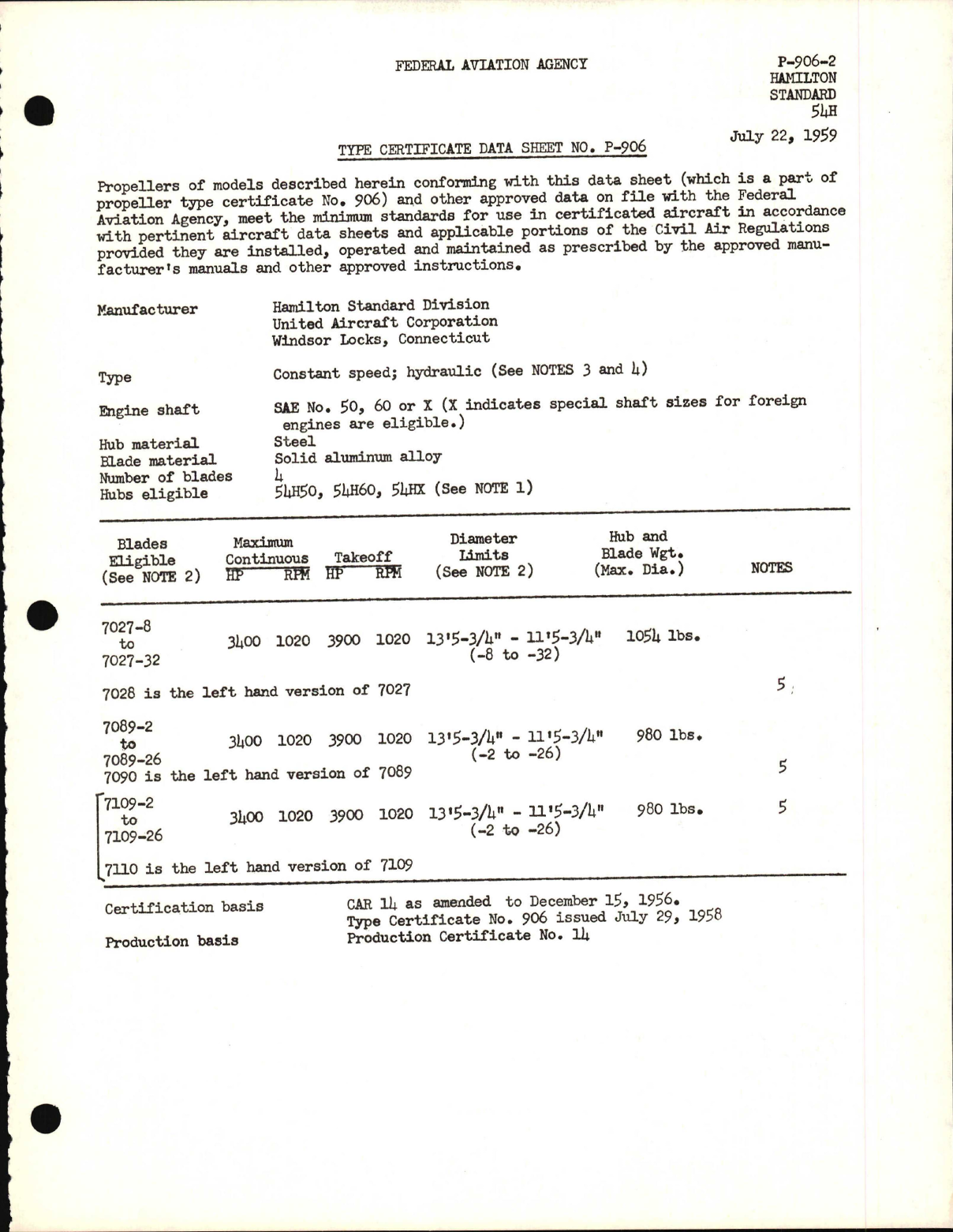 Sample page 1 from AirCorps Library document: 54H - Type Certificate