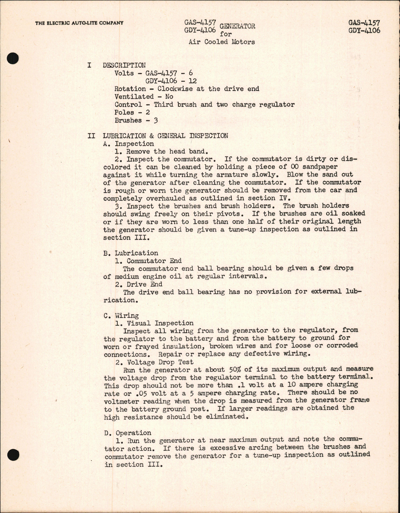 Sample page 1 from AirCorps Library document: Generators for Air Cooled Motors, Part No. GAS-4157 and GDY-4106