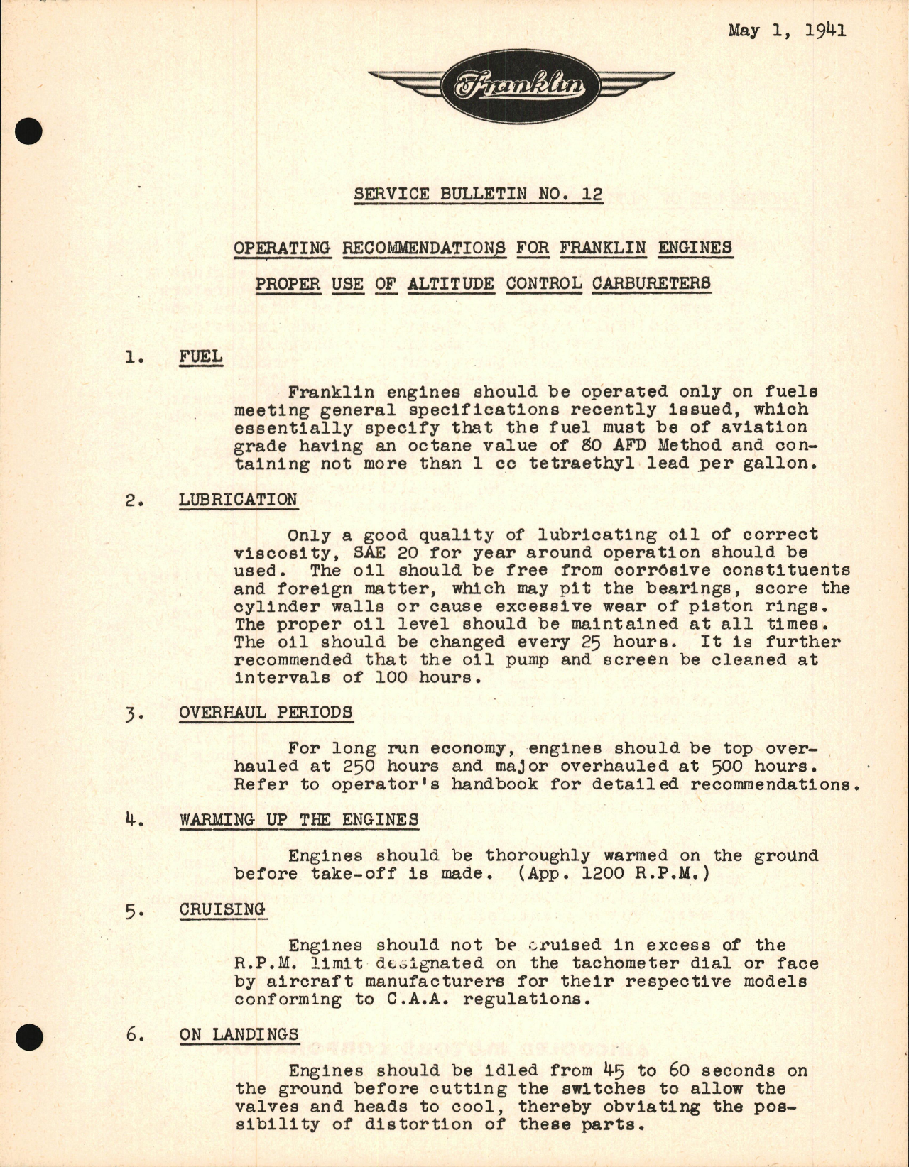 Sample page 1 from AirCorps Library document: Operating Recommendations for Proper Use of Altitude Control Carburetors