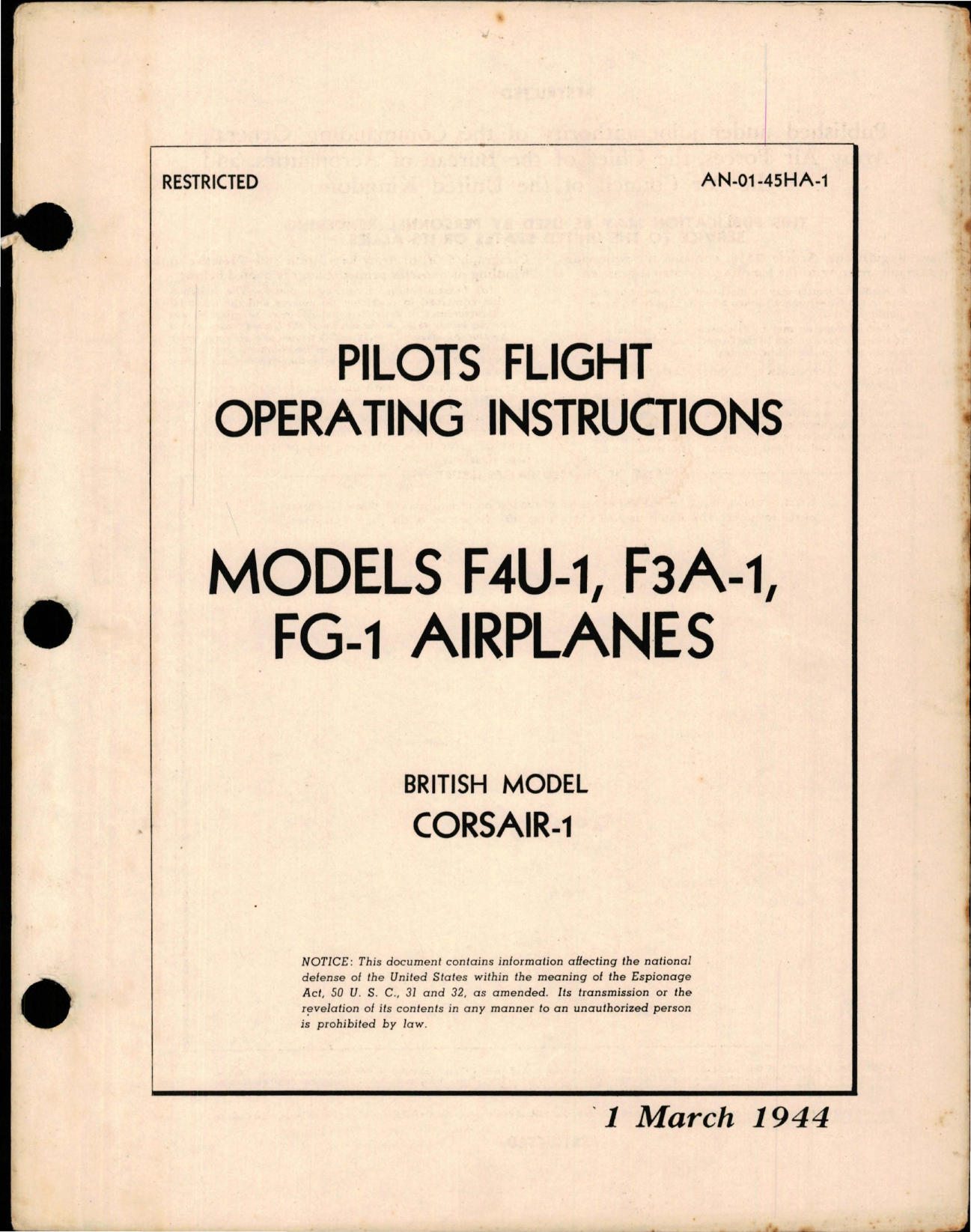 Sample page 1 from AirCorps Library document: Pilots Flight Operating Instructions - Models F4U-1, F3A-1, FG-1