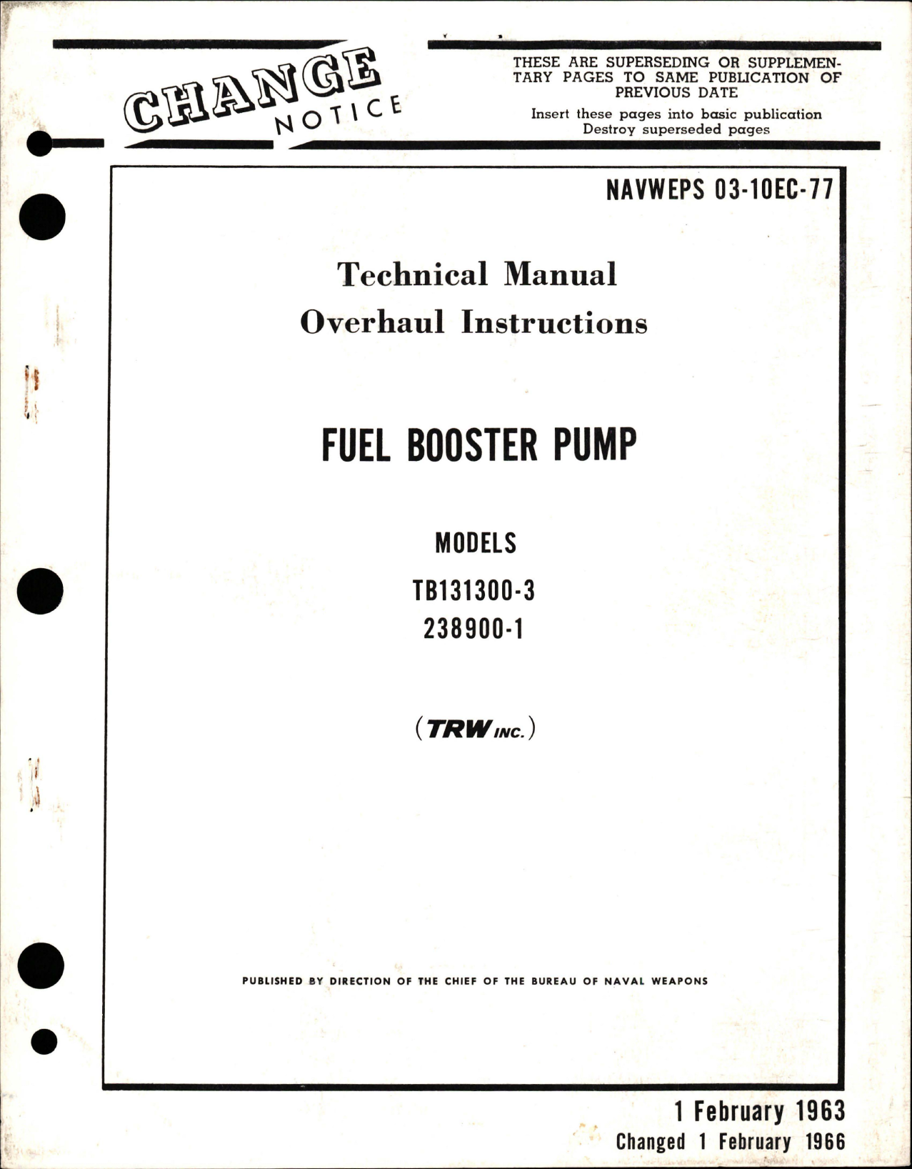 Sample page 1 from AirCorps Library document: Overhaul Instructions for Fuel Booster Pump - Models TB131300-3, 238900-1
