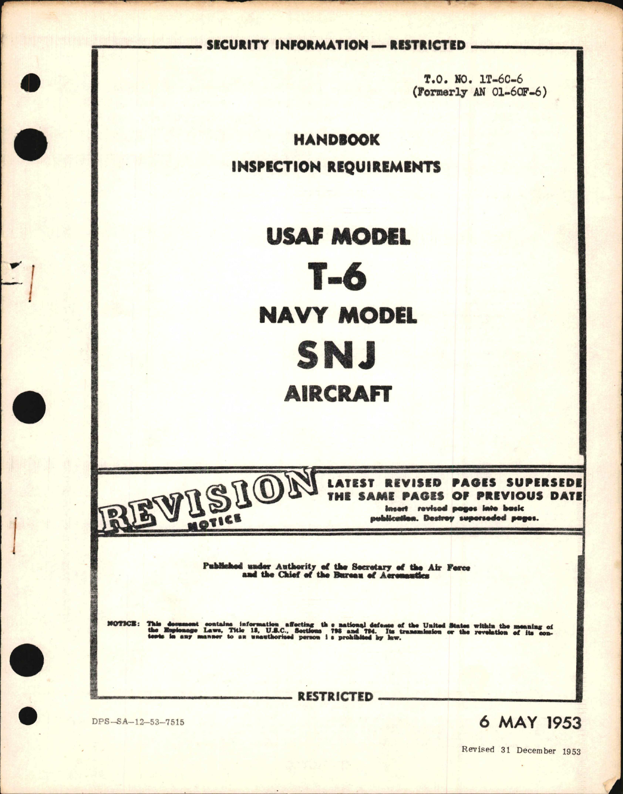 Sample page 1 from AirCorps Library document: Inspection Requirements for T-6, SNJ