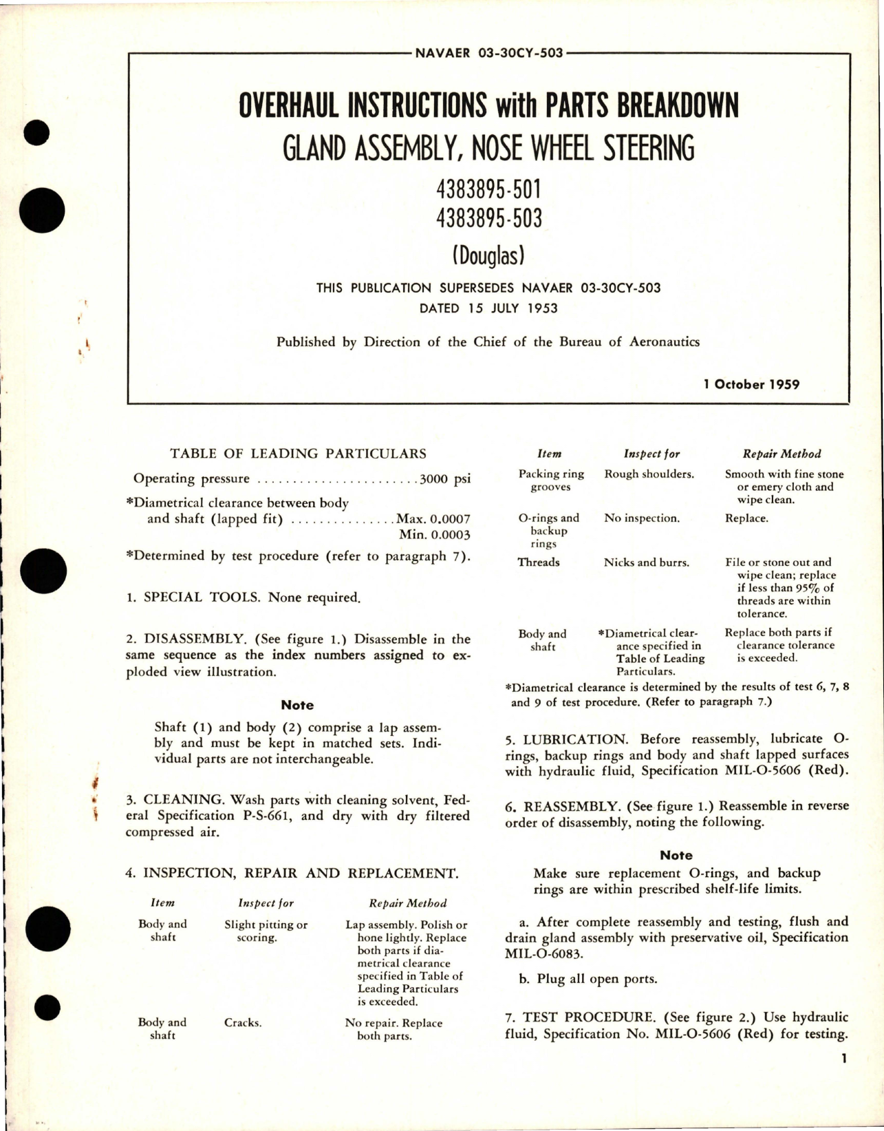 Sample page 1 from AirCorps Library document: Overhaul Instructions with Parts for Nose Wheel Steering Glad Assembly - 4383895-501 and 4383895-503