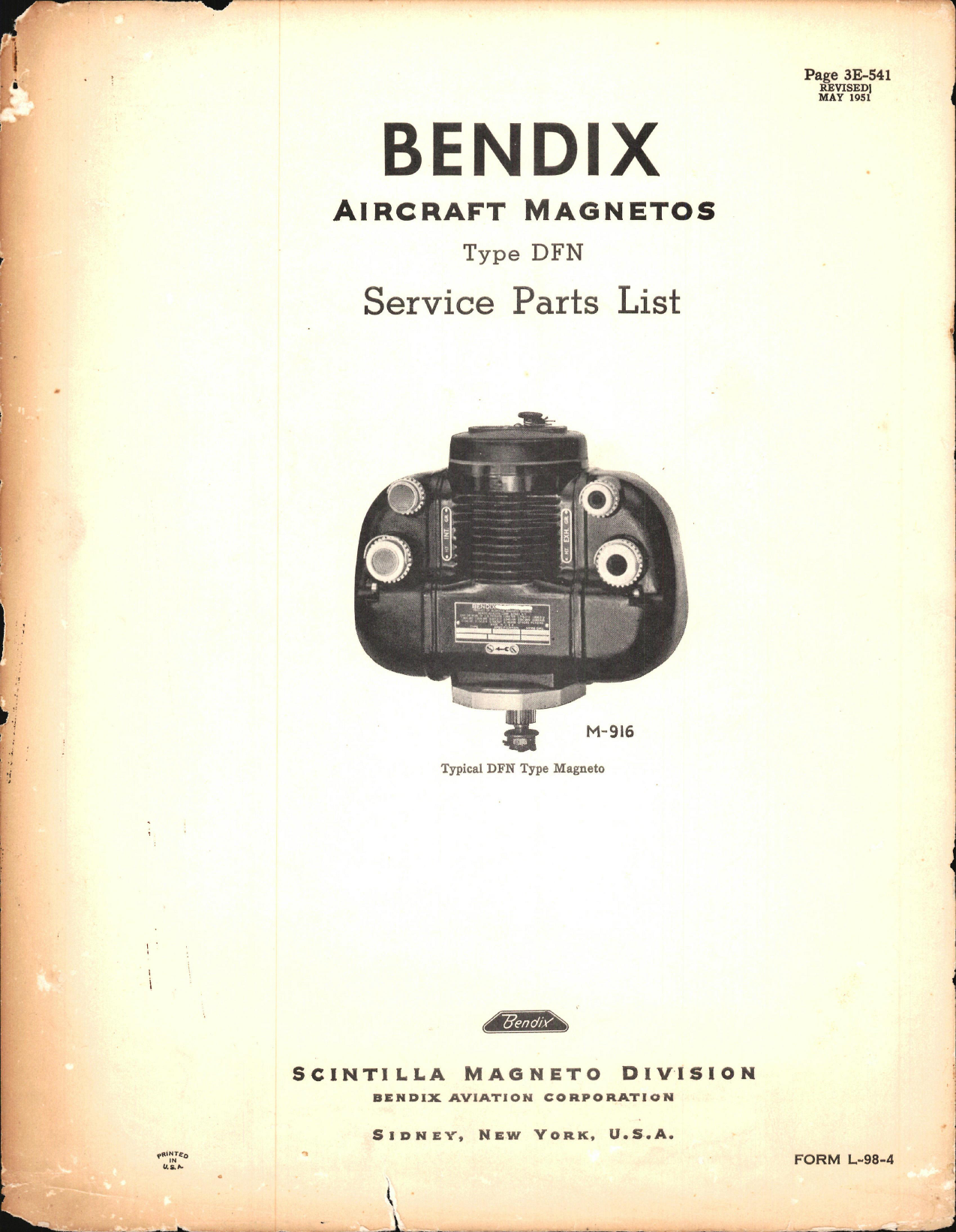 Sample page 1 from AirCorps Library document: Service Parts List for Bendix Magnetos Types DFN, Part No. M-916