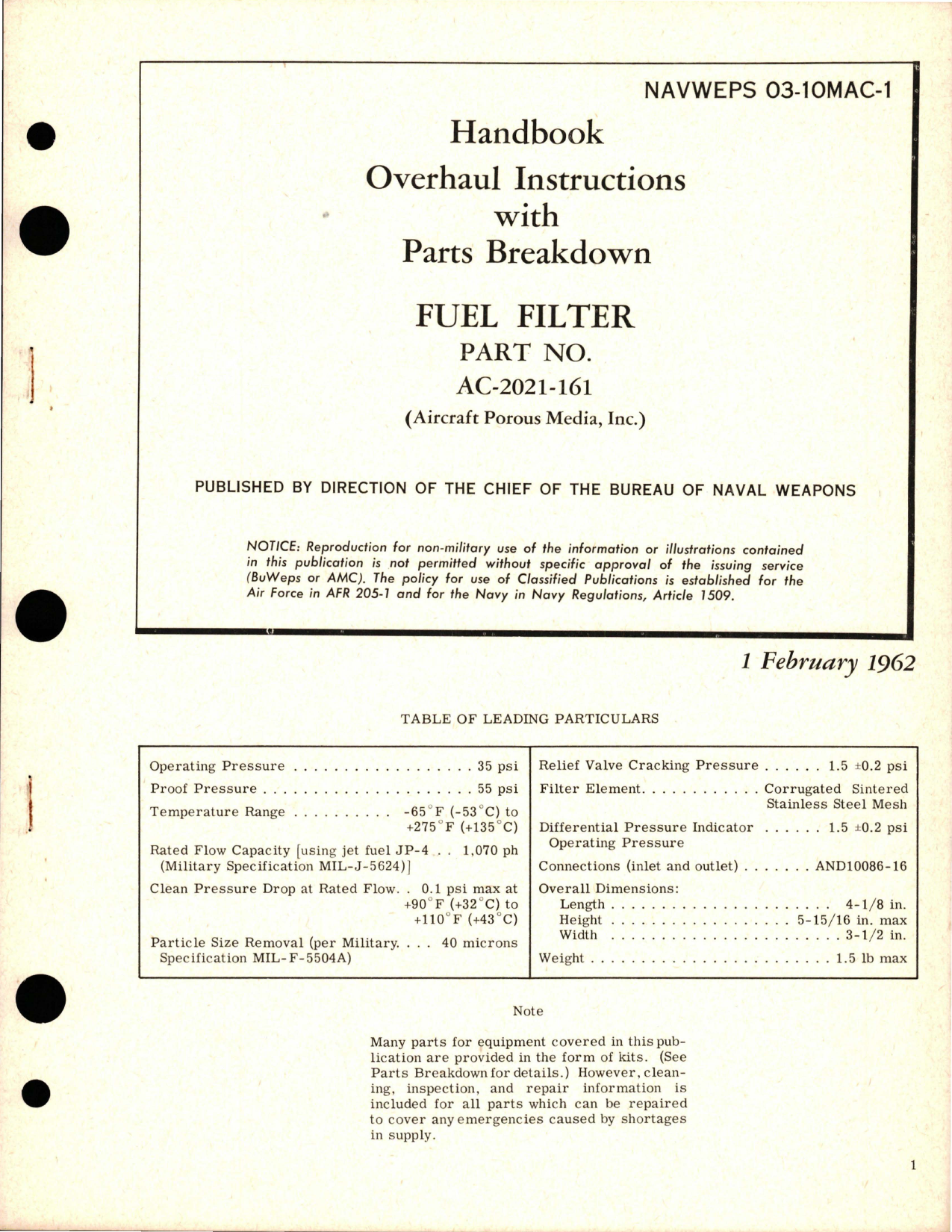 Sample page 1 from AirCorps Library document: Overhaul Instructions with Parts Breakdown for Fuel Filter - Part AC-2021-161