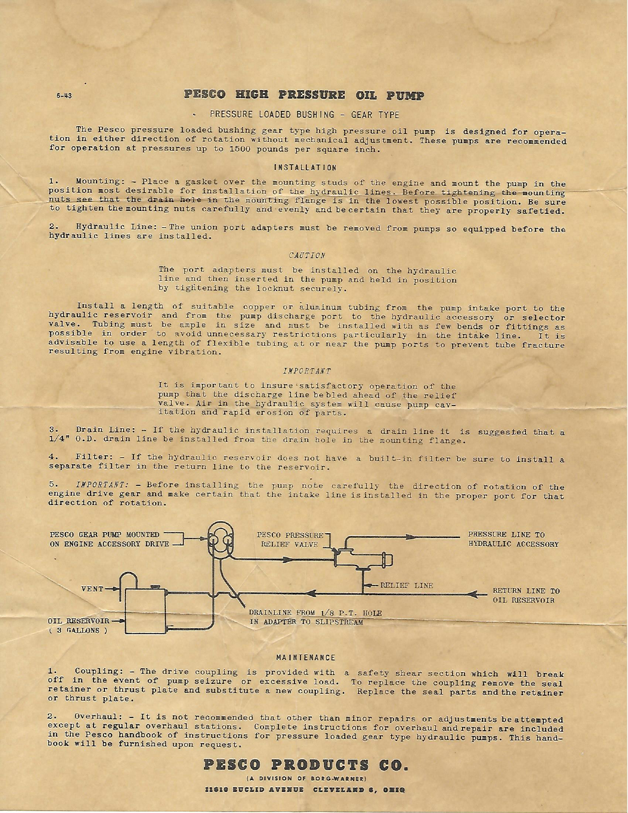 Sample page 1 from AirCorps Library document: Instructions for Pesco High Pressure Oil Pump