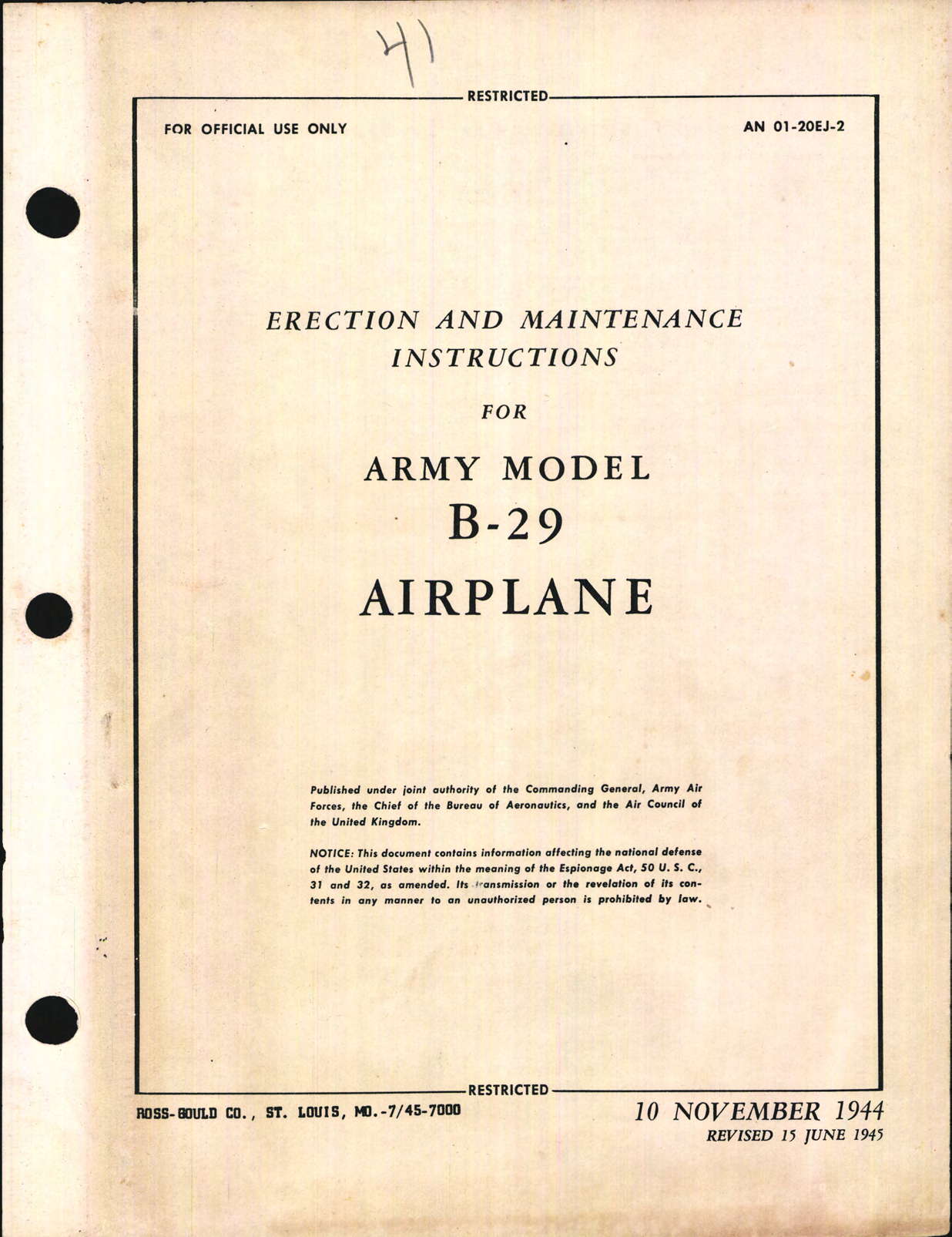 Sample page 1 from AirCorps Library document: Erection and Maintenance Instructions for Army Model B-29 Airplane