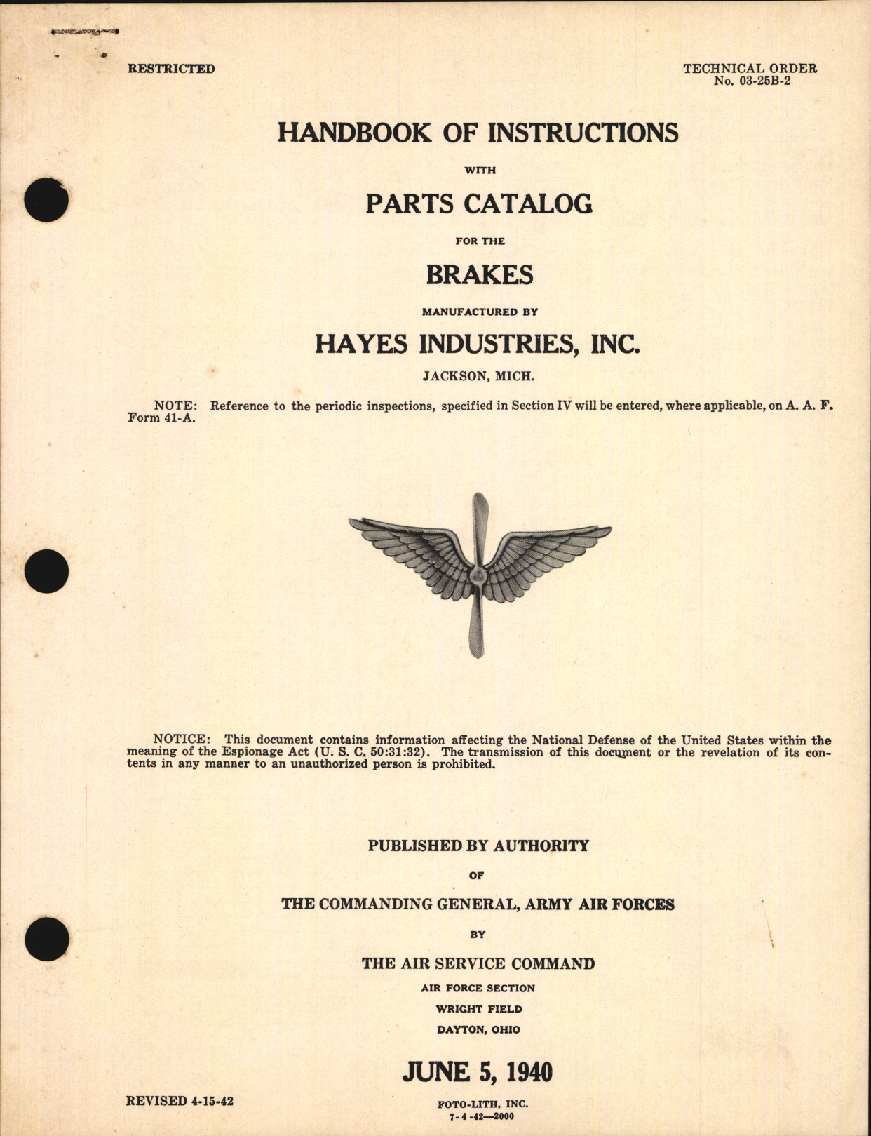 Sample page 1 from AirCorps Library document: Handbook of Instructions with Parts Catalog for Brakes Manufactured by Hayes Industries