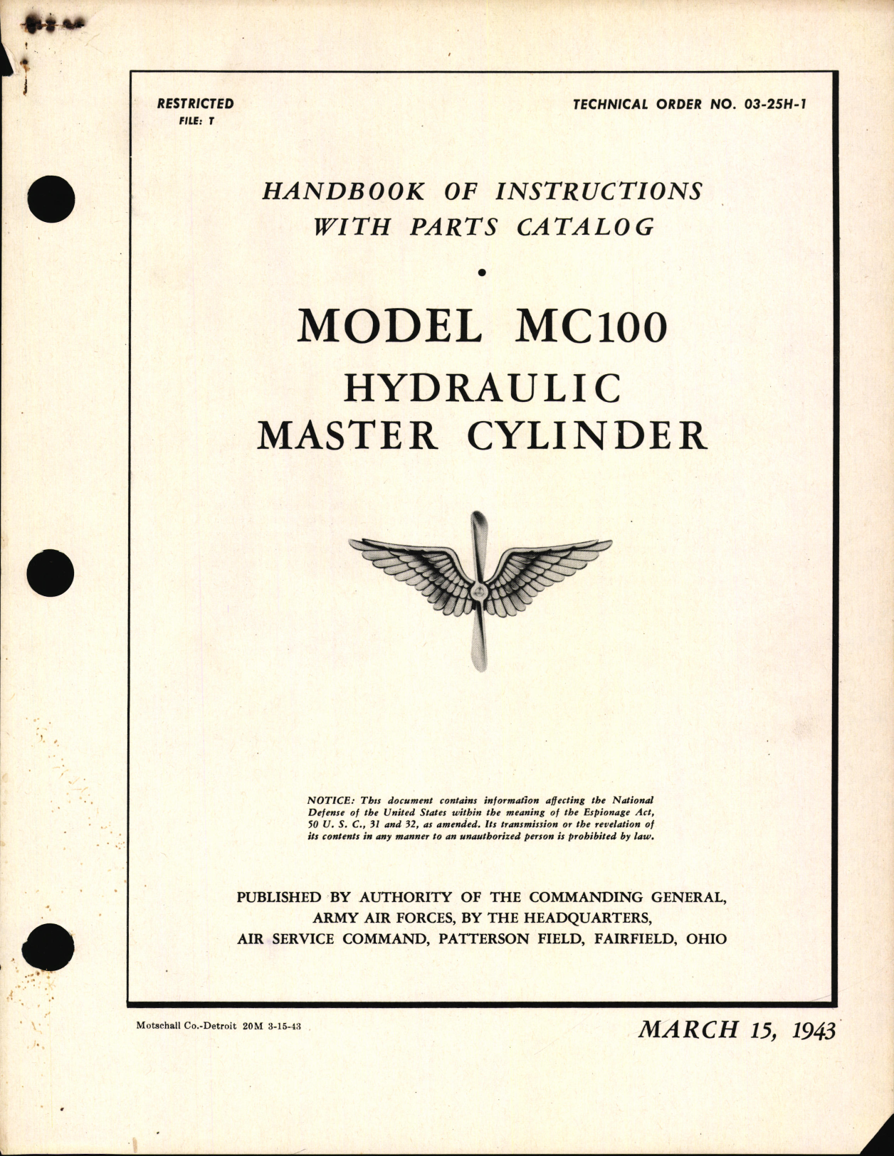 Sample page 1 from AirCorps Library document: Handbook of Instructions with Parts Catalog for Model MC100 Hydraulic Master Cylinder