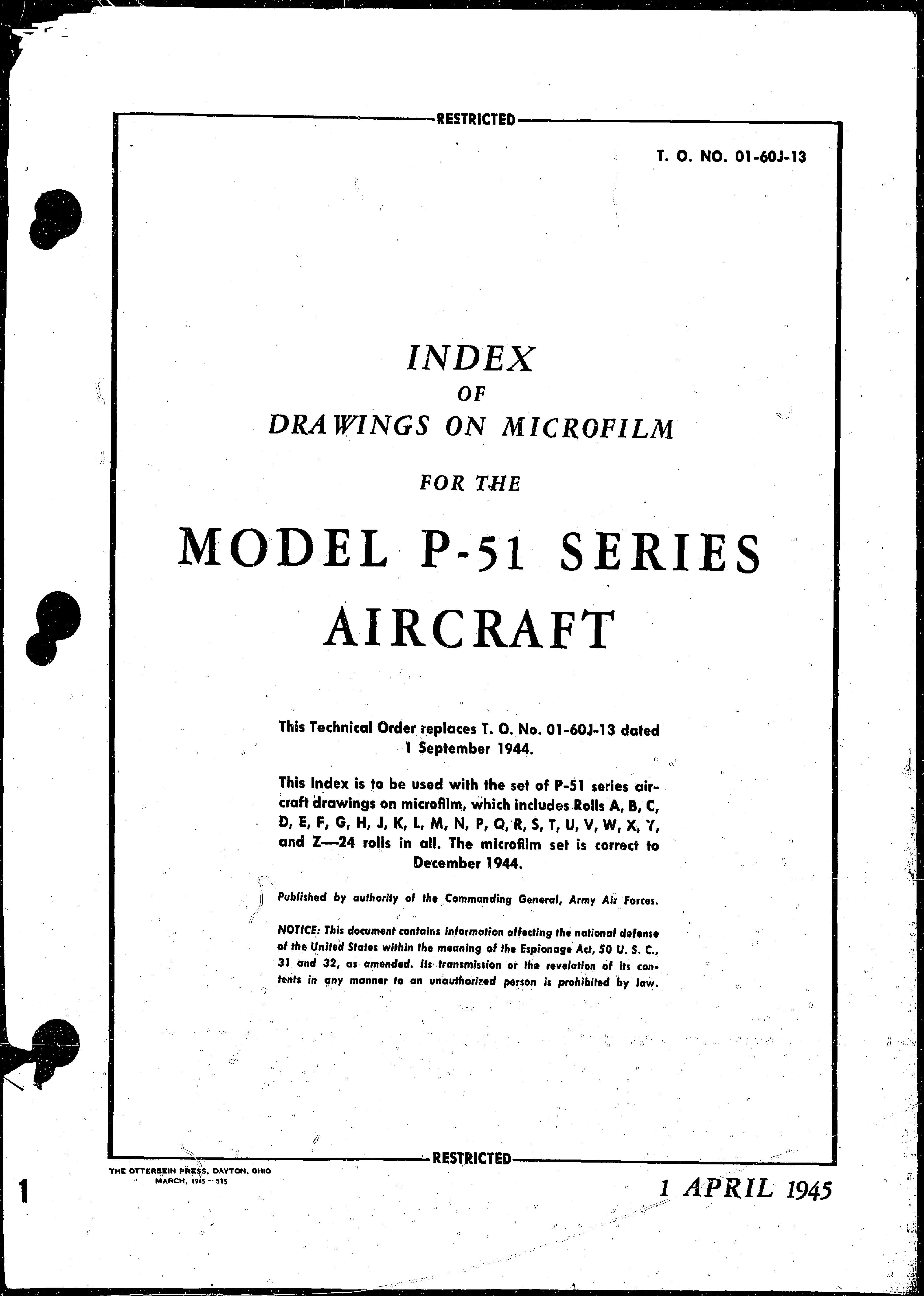 Sample page 1 from AirCorps Library document: Index of Drawings on Microfilm for Model P-51 Series Aircraft