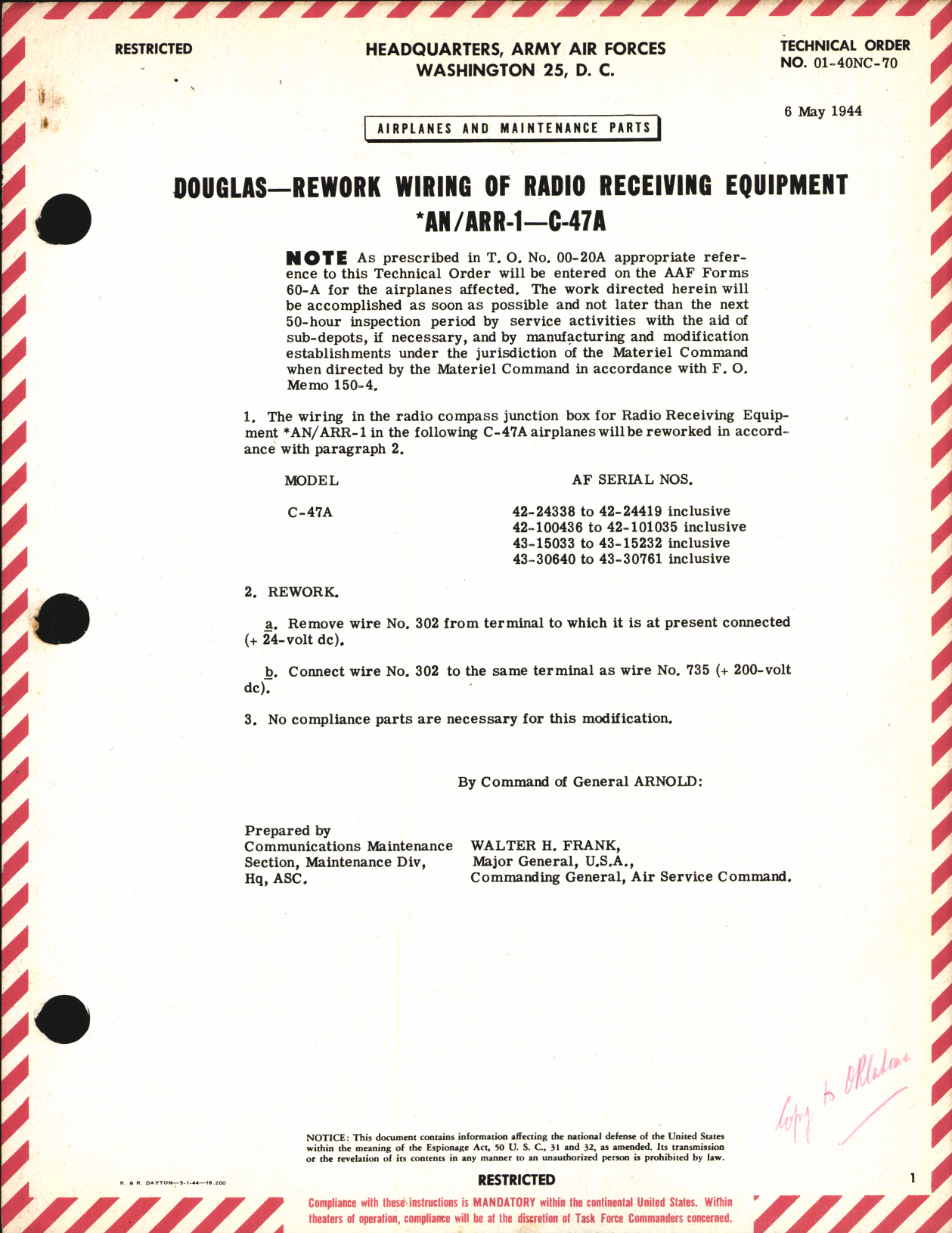Sample page 1 from AirCorps Library document: Rework of Wiring of Radio Receiving Equipment AN/ARR-1 for C-47A