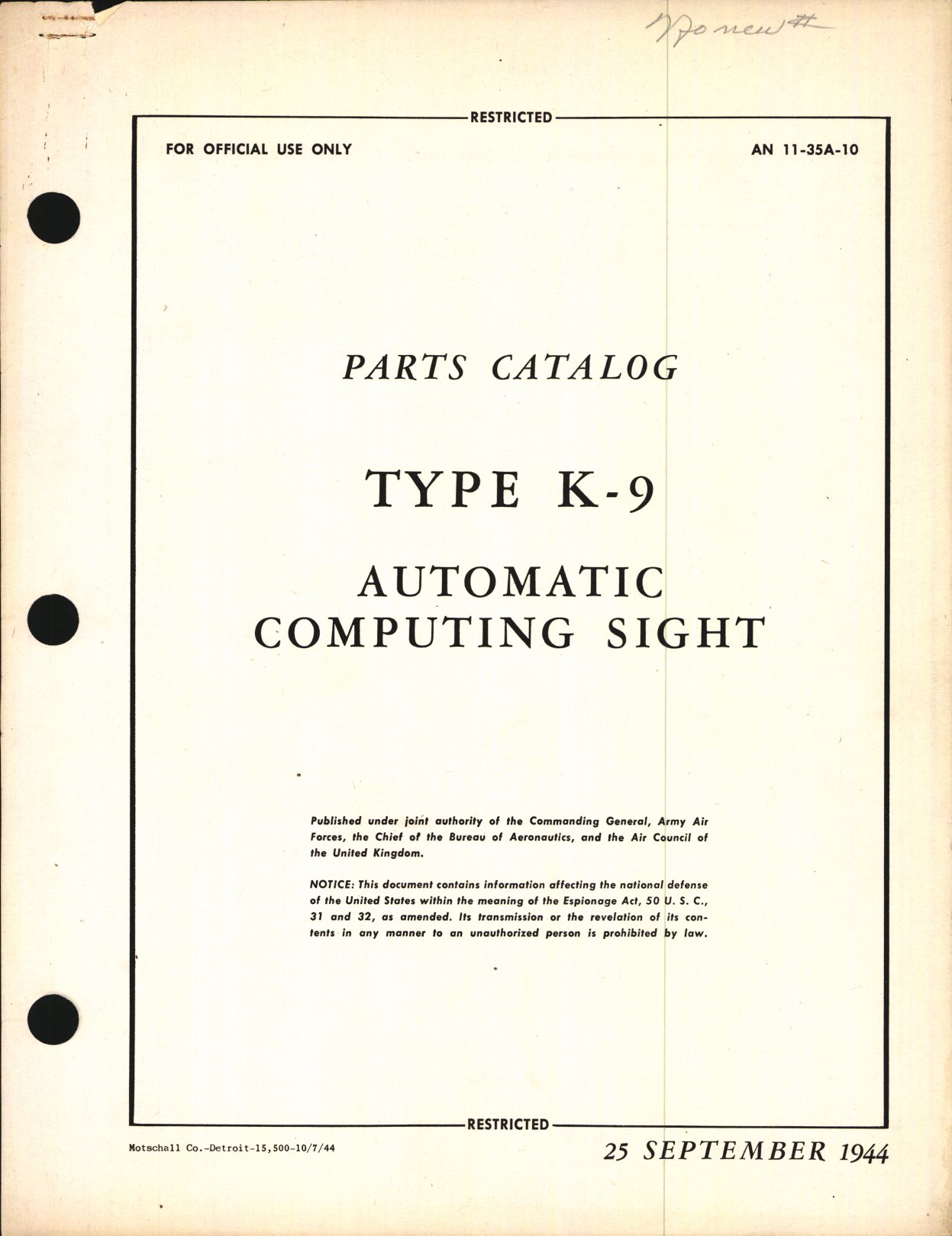 Sample page 1 from AirCorps Library document: Parts Catalog for Type K-9 Automatic Computing Sight