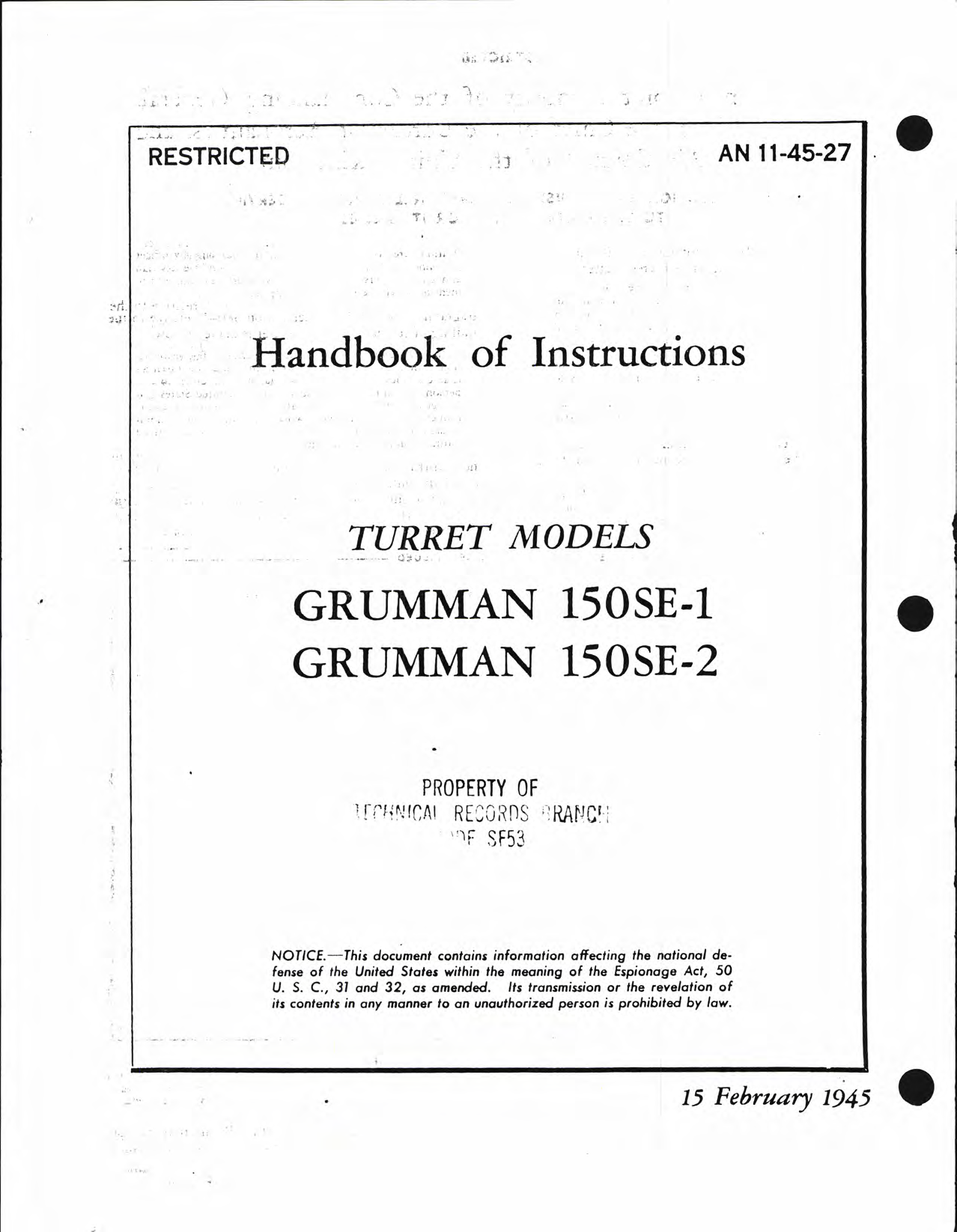 Sample page 1 from AirCorps Library document: Handbook of Instructions with Parts Catalog for Turret Models Grumman 150SE-1 and 150SE-2