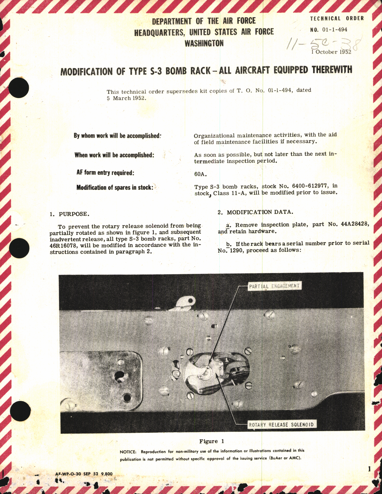 Sample page 1 from AirCorps Library document: Modification of Type S-3 Bomb Rack for All Aircraft Equipped Therewith