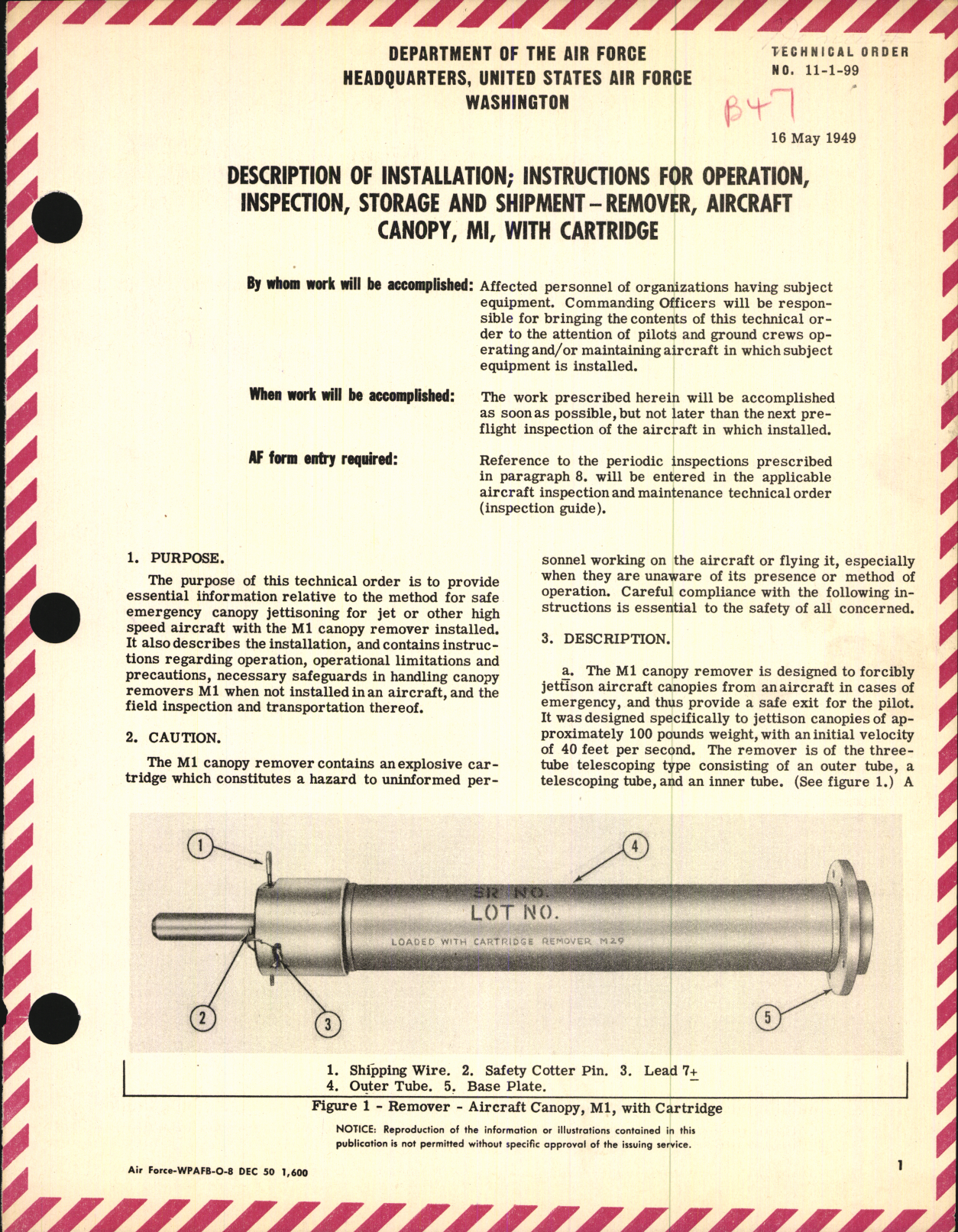 Sample page 1 from AirCorps Library document: Instructions for Operation, Inspection, Storage, & Shipment for Aircraft Canopy Remover M1 With Cartridge