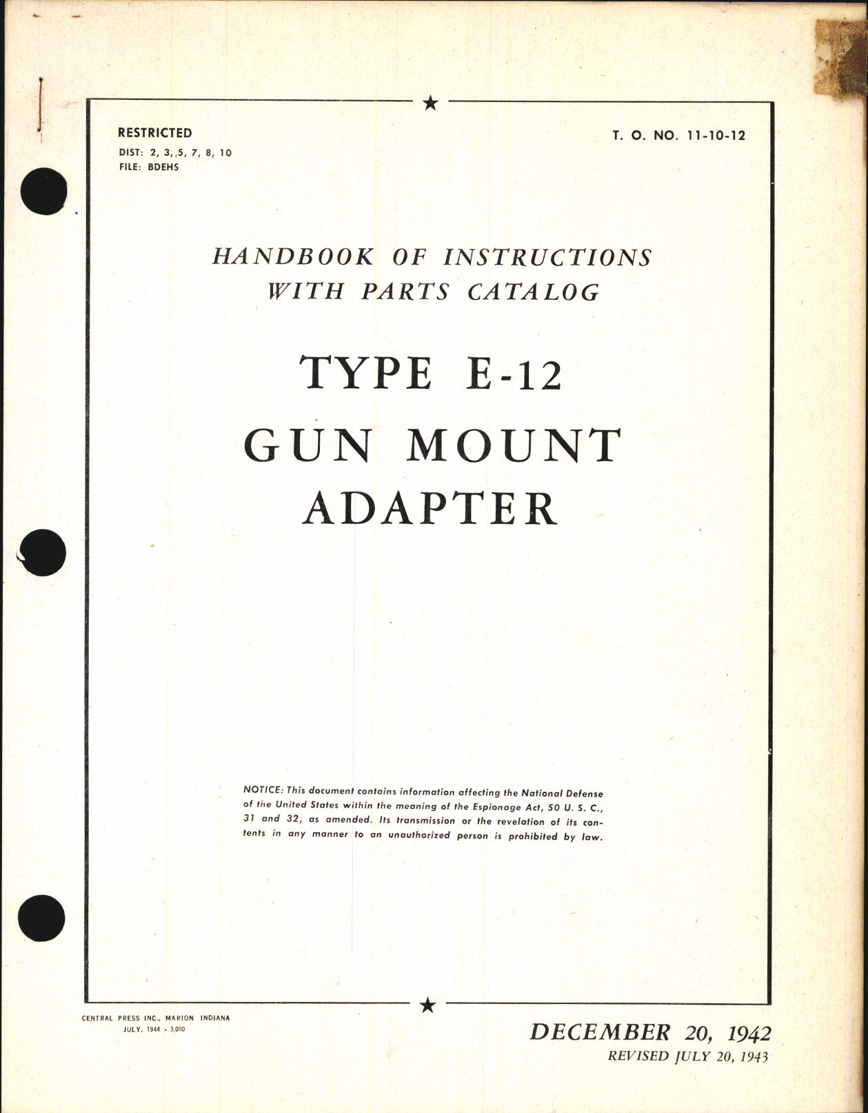 Sample page 1 from AirCorps Library document: Handbook of Instructions with Parts Catalog for Type E-12 Gun Mount Adapter