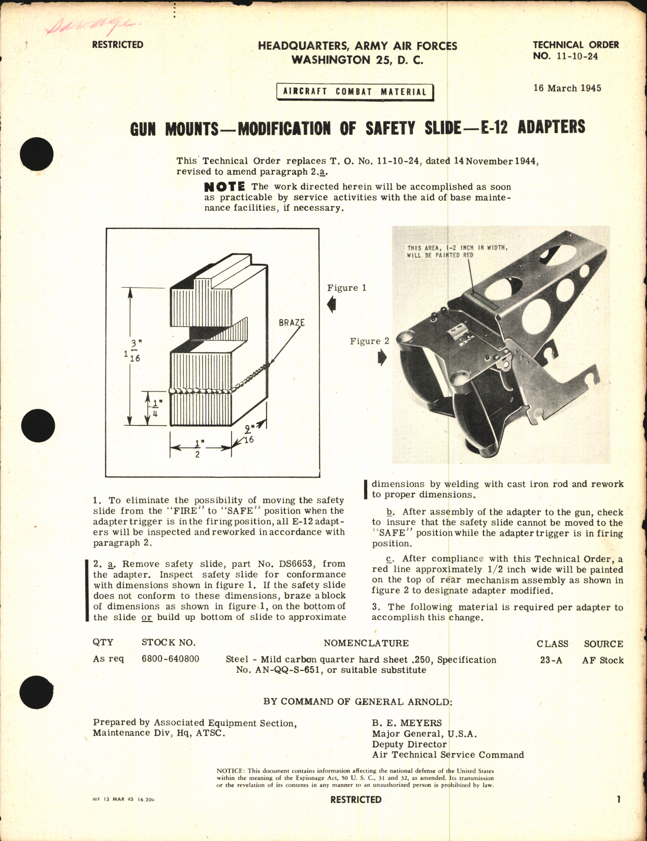 Sample page 1 from AirCorps Library document: Modification of Safety Slide for E-12 Gun Mount Adapters