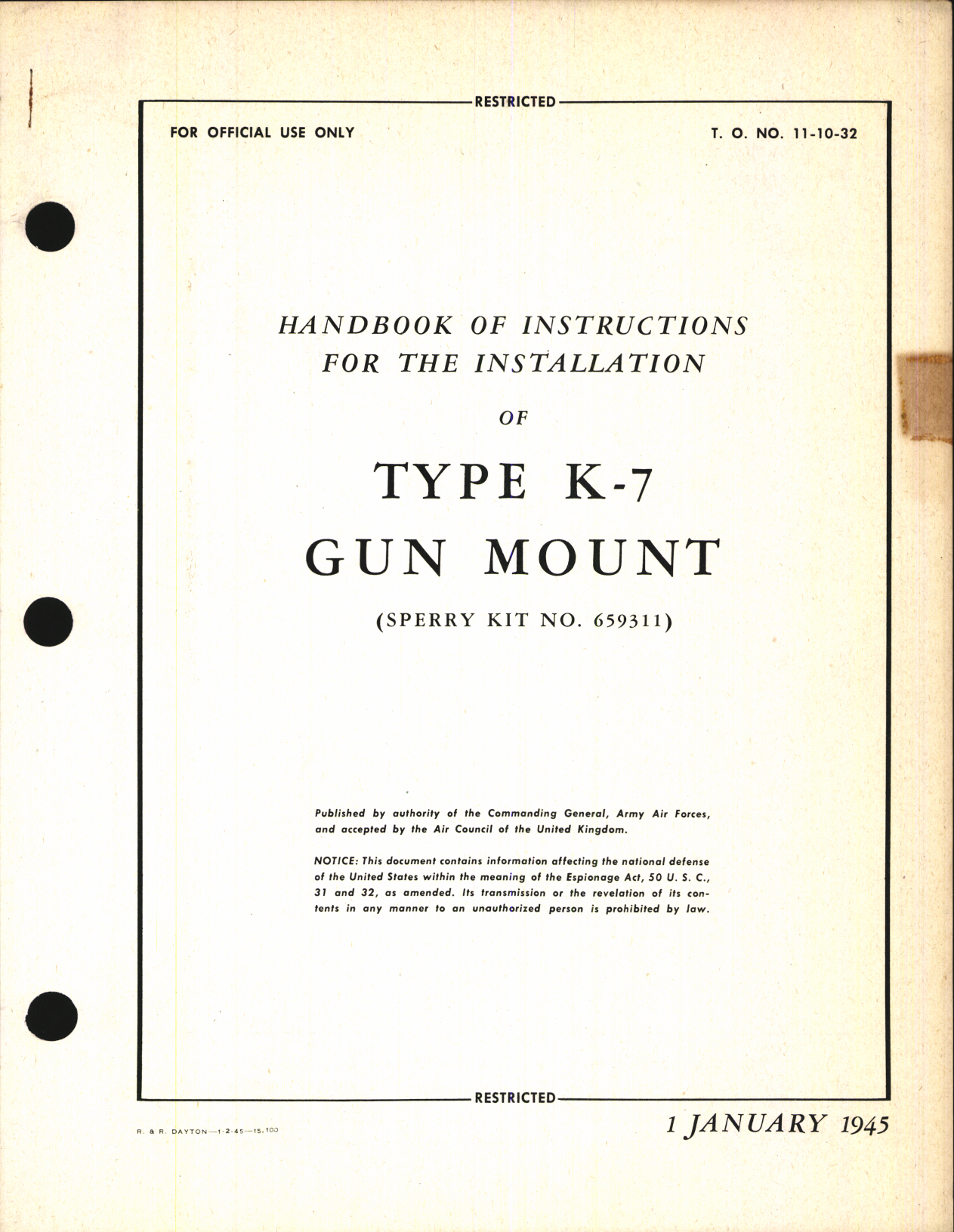 Sample page 1 from AirCorps Library document: Handbook of Instructions for the Installation of Type K-7 Gun Mount