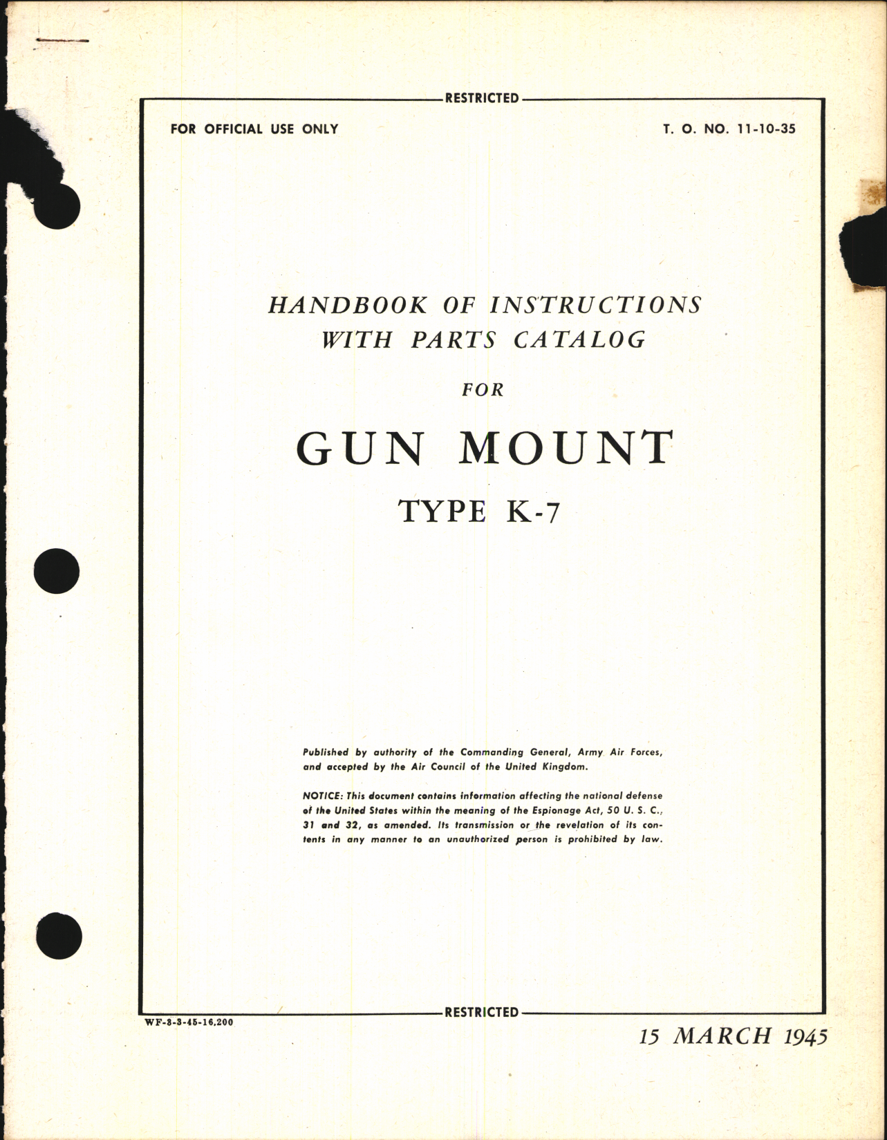 Sample page 1 from AirCorps Library document: Handbook of Instructions with Parts Catalog for Gun Mount Type K-7