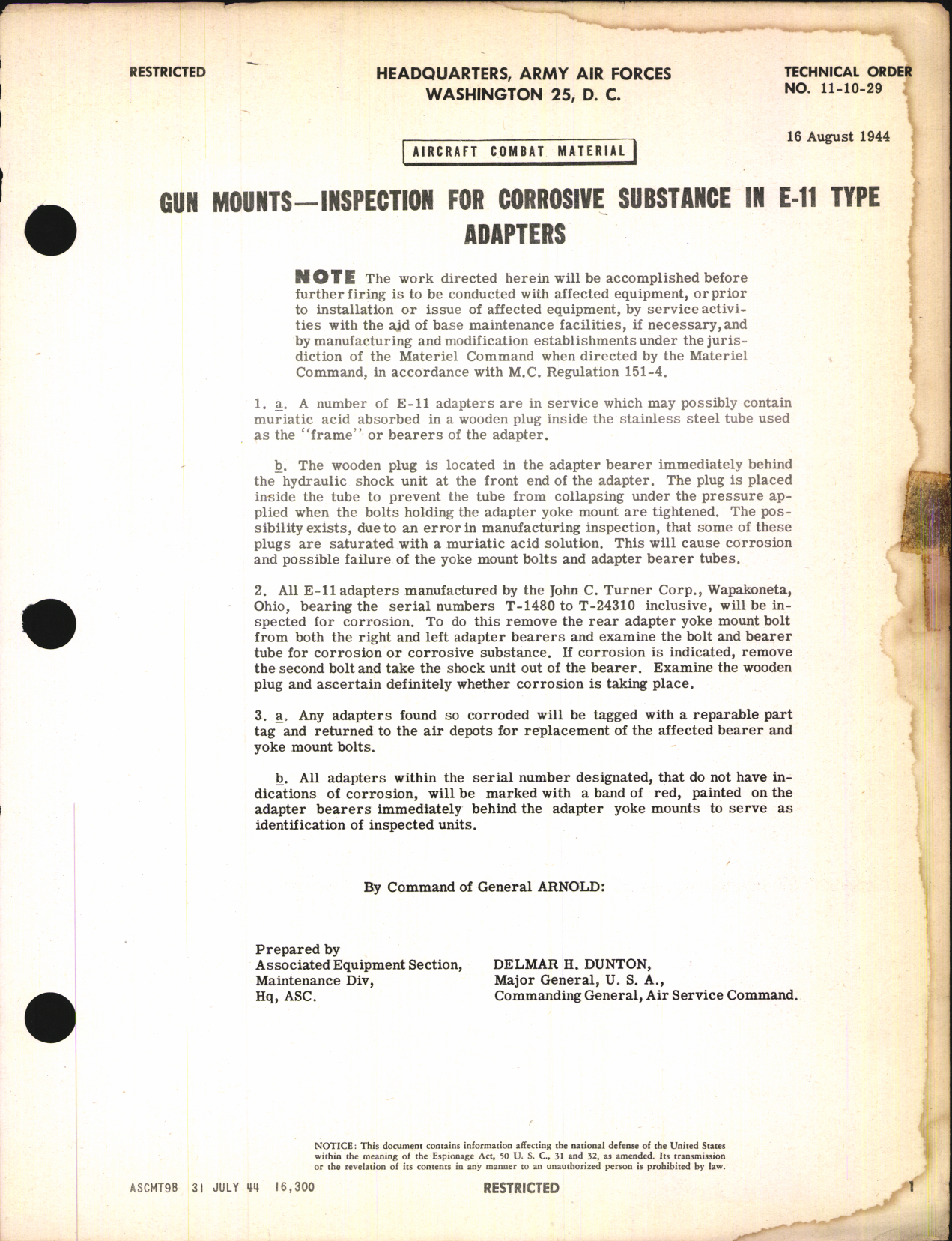 Sample page 1 from AirCorps Library document: Inspection of Corrosive Substance in E-11 Type Gun Mount Adapters