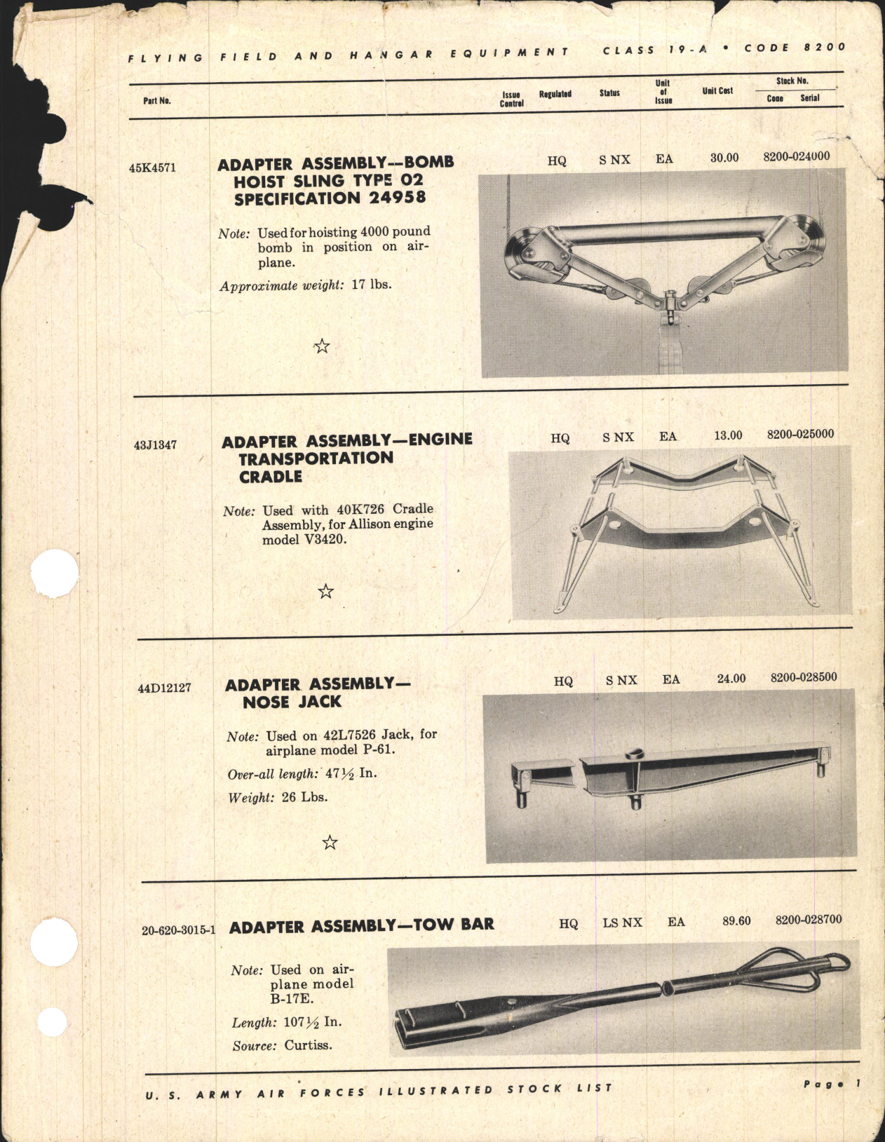 Sample page 1 from AirCorps Library document: Stock List for Flying Field and Hangar Equipment