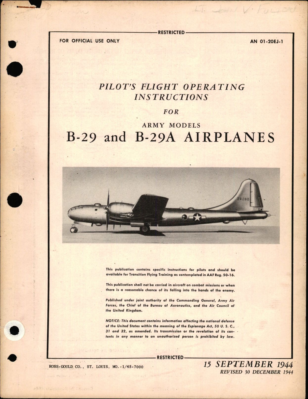Sample page 1 from AirCorps Library document: Pilot's Flight Operating Instructions for B-29 and B-29A Airplanes