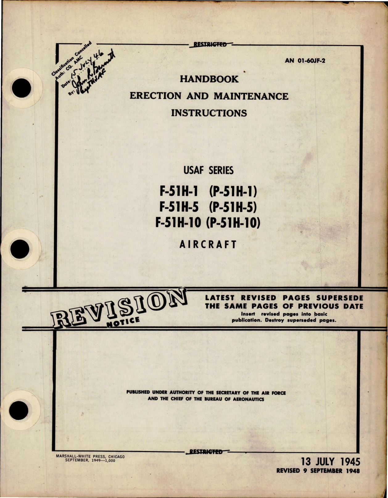 Sample page 1 from AirCorps Library document: Erection and Maintenance Instructions for the F-51H-1, F-51H-5, and F-51H-10 (P-51H-1, P-51H-5, P-51H-10)