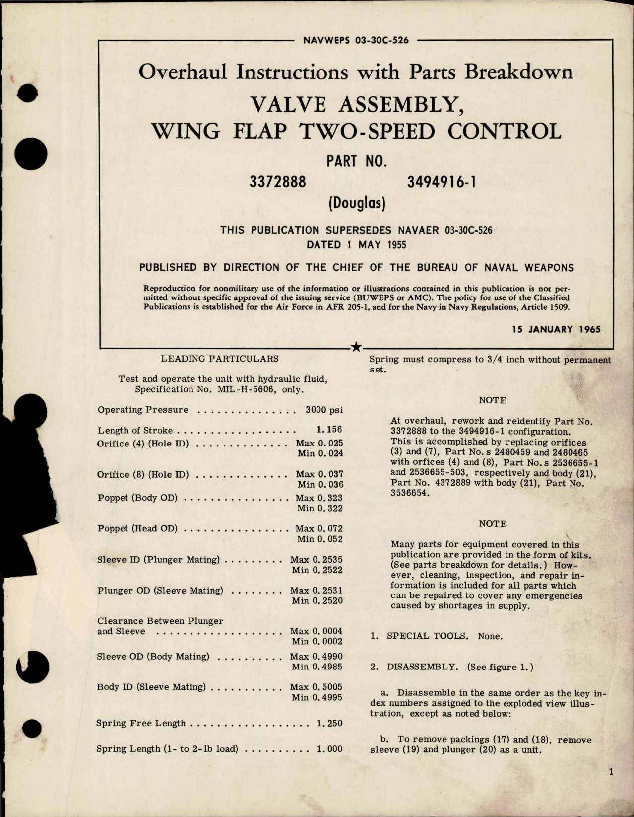 Sample page 1 from AirCorps Library document: Overhaul Instructions with Parts for Valve Assembly, Wing Flap Two Speed Control - Part 3372888 and 3494916-1