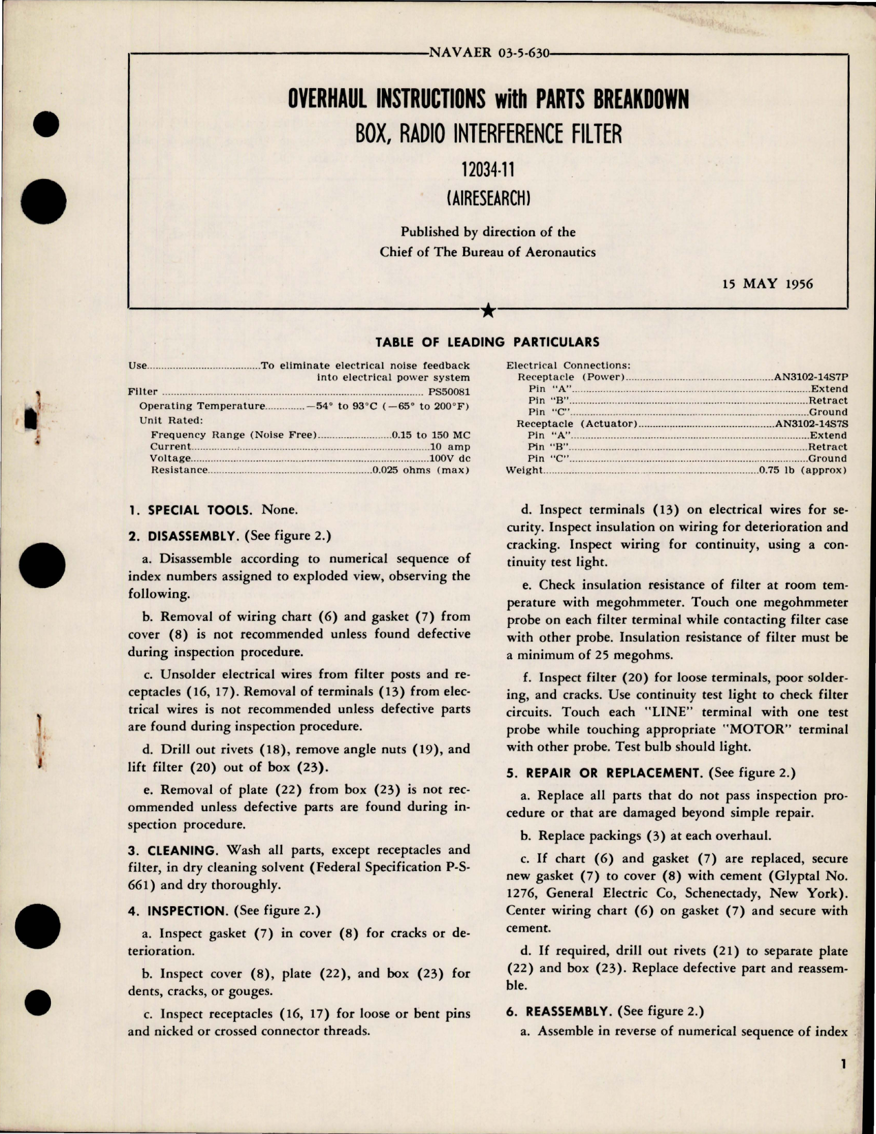 Sample page 1 from AirCorps Library document: Overhaul Instructions with Parts Breakdown for Radio Interference Filter Box - 1203411 