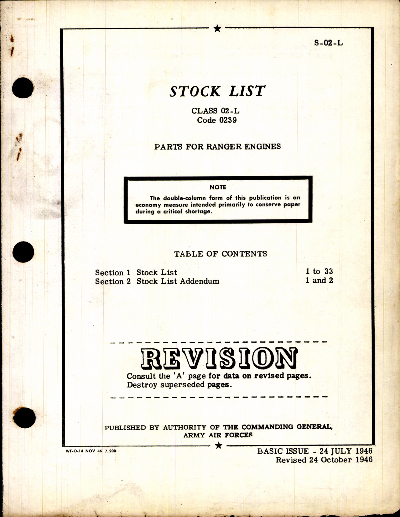 Sample page 1 from AirCorps Library document: Stock List Parts for Ranger Engines