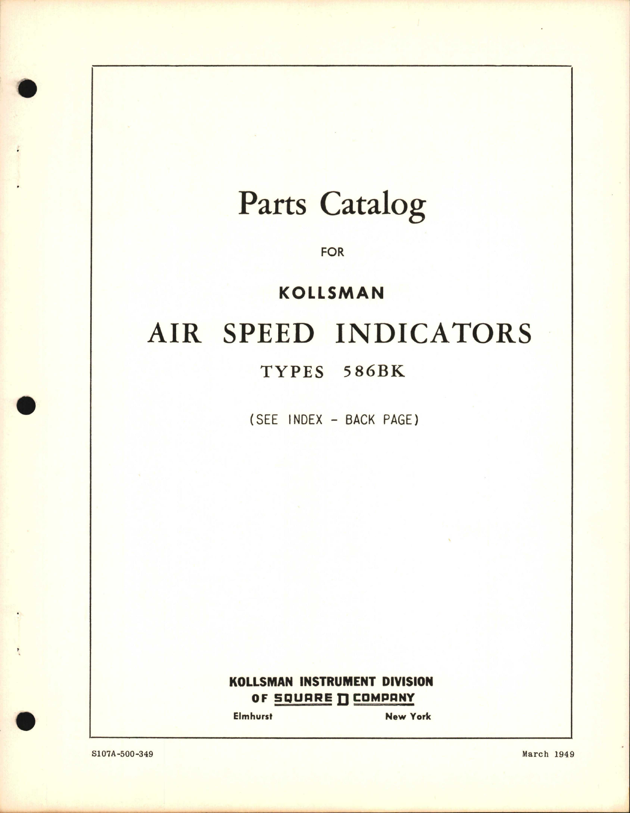 Sample page 1 from AirCorps Library document: Parts Catalog for Kollsman Air Speed Indicators Types 586BK