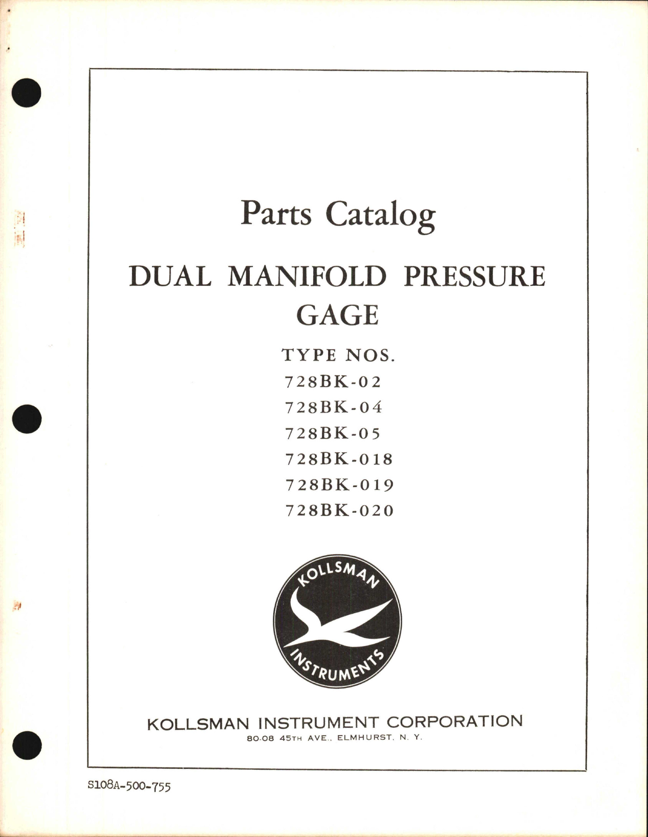 Sample page 1 from AirCorps Library document: Parts Catalog for Kollsman Dual Manifold Pressure Gage 728BK