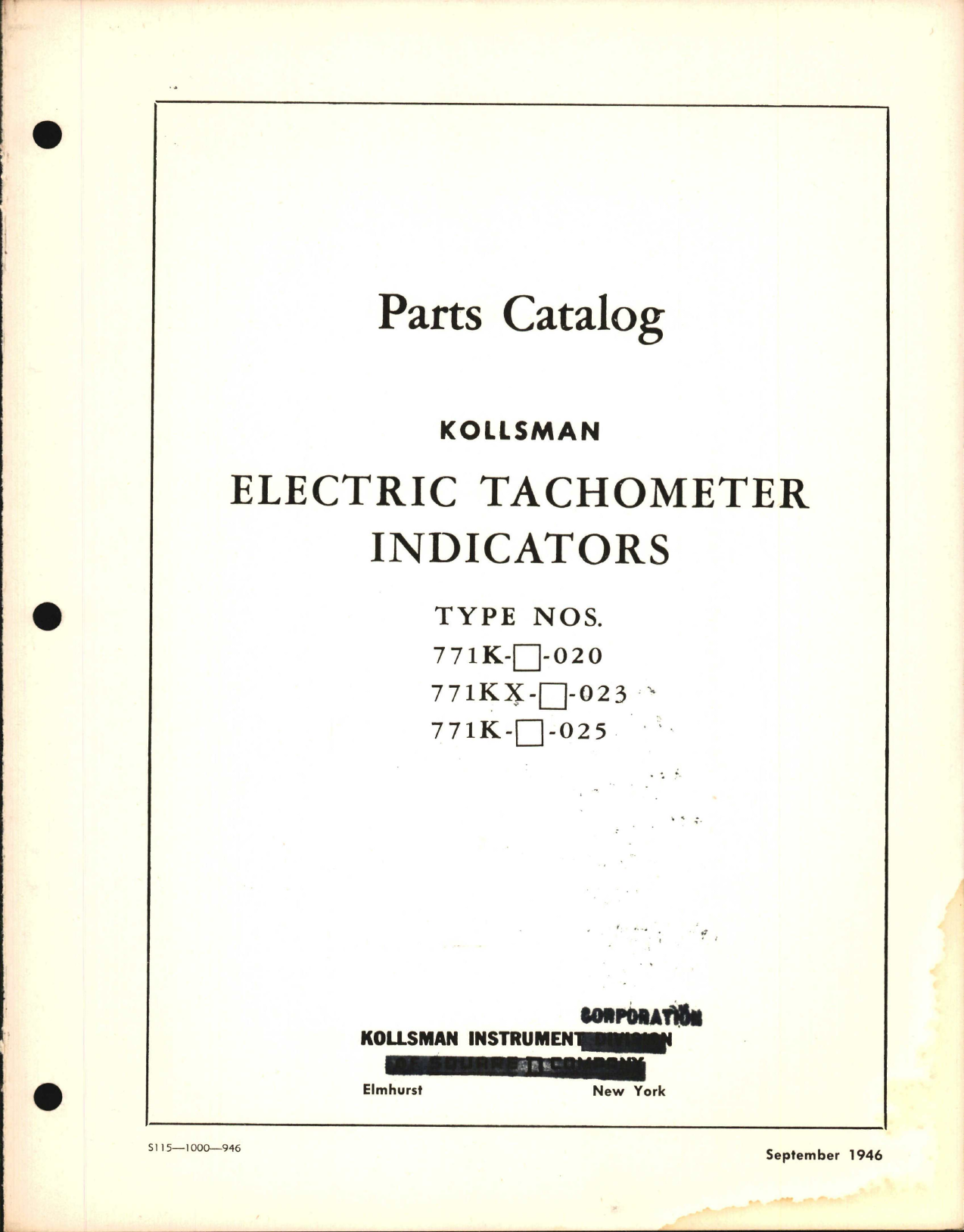 Sample page 1 from AirCorps Library document: Parts Catalog for Kollsman Electric Tachometer Indicators