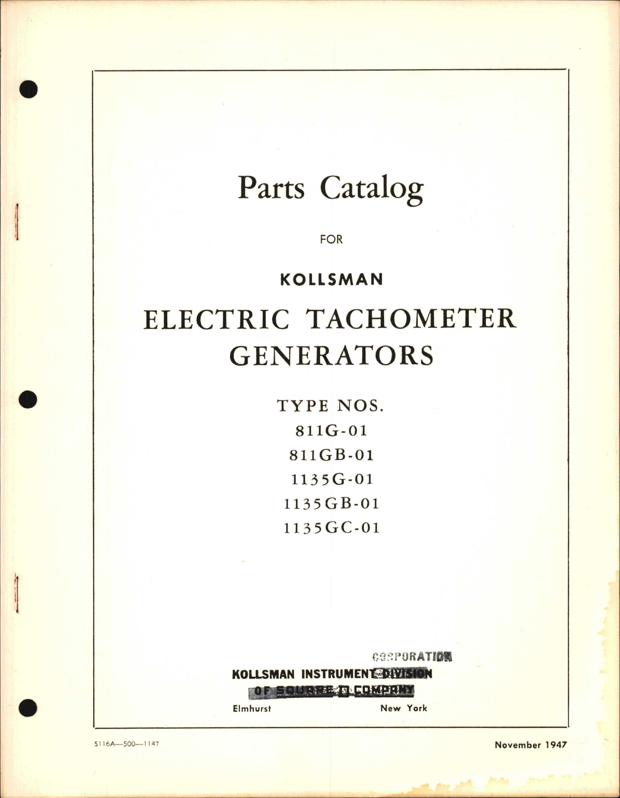 Sample page 1 from AirCorps Library document: Parts Catalog for Kollsman Electric Tachometer Generators 