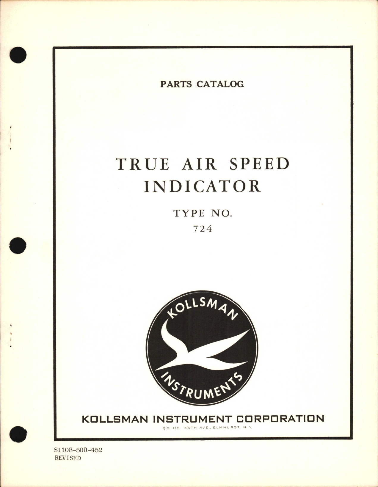 Sample page 1 from AirCorps Library document: Parts Catalog for Kollsman True Air Speed Indicator Type No. 724