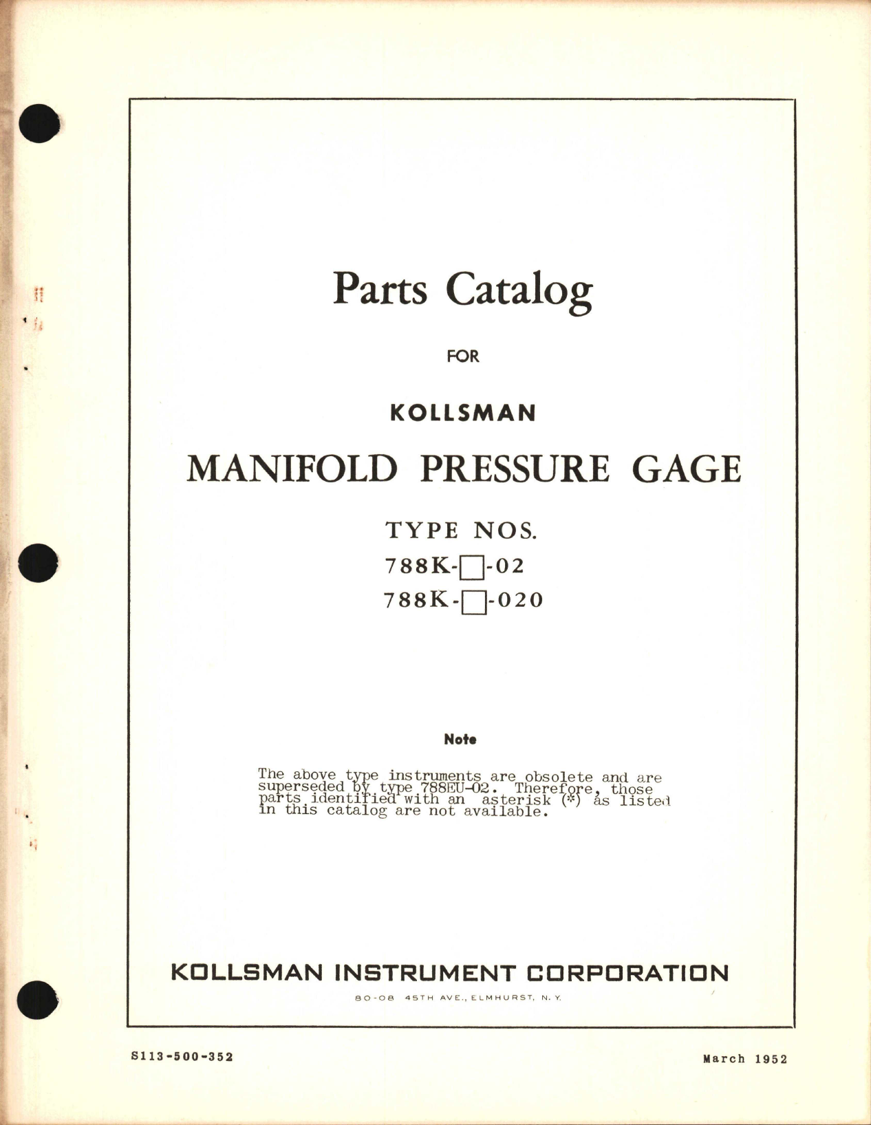 Sample page 1 from AirCorps Library document: Parts Catalog for Kollsman Manifold Pressure Gage