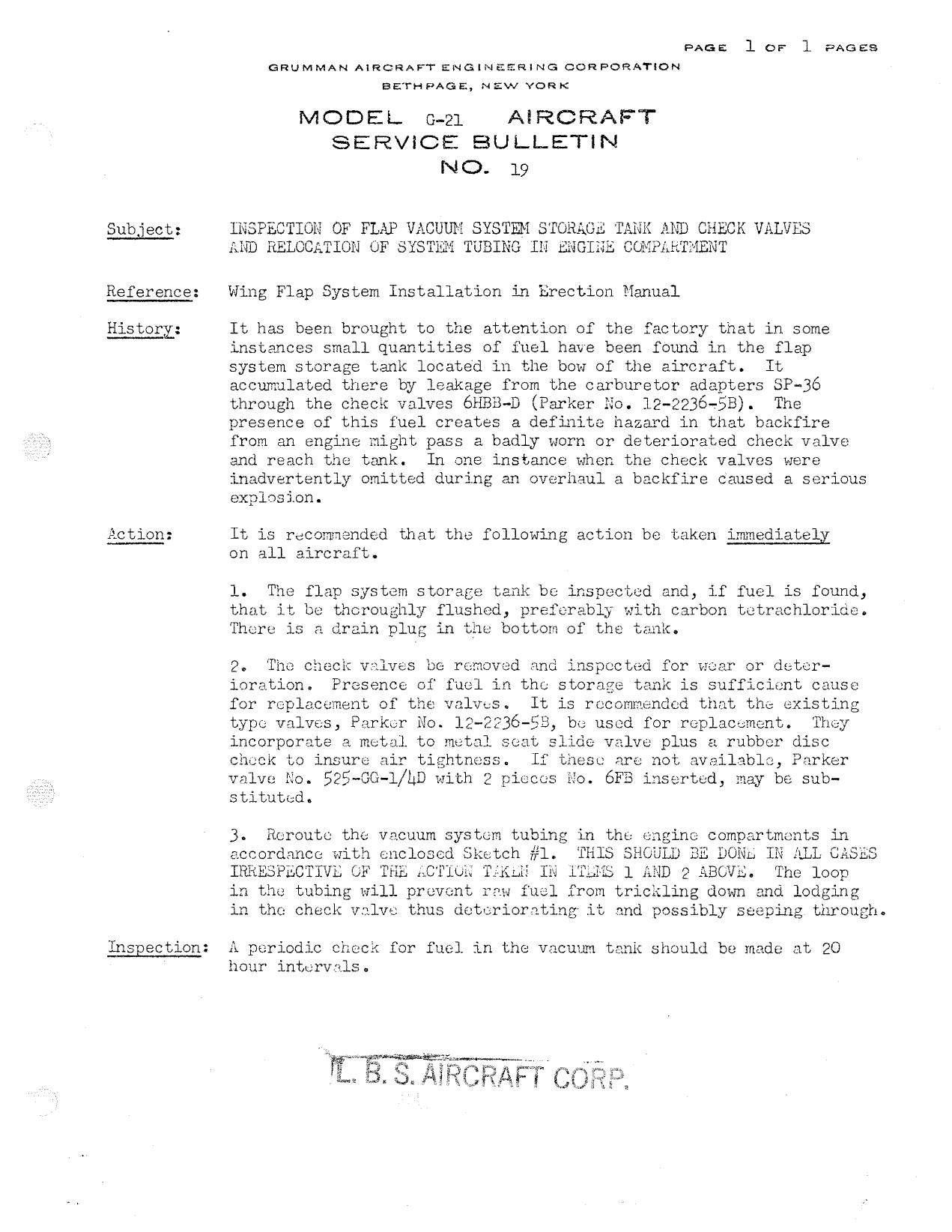 Sample page 1 from AirCorps Library document: Inspection of Flap Vacuum System Storage Tank, Check Valves, and Relocation of System Tubing in Engine Compartment