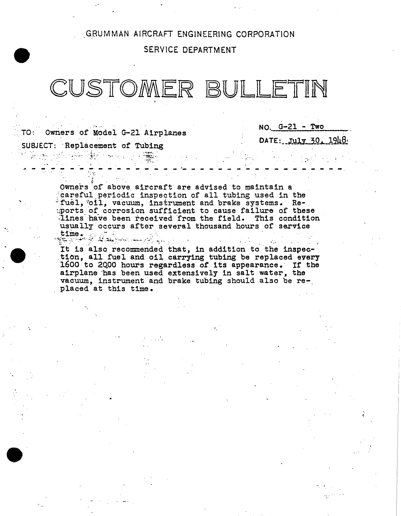 Sample page 1 from AirCorps Library document: Replacement of Tubing on Model G-21