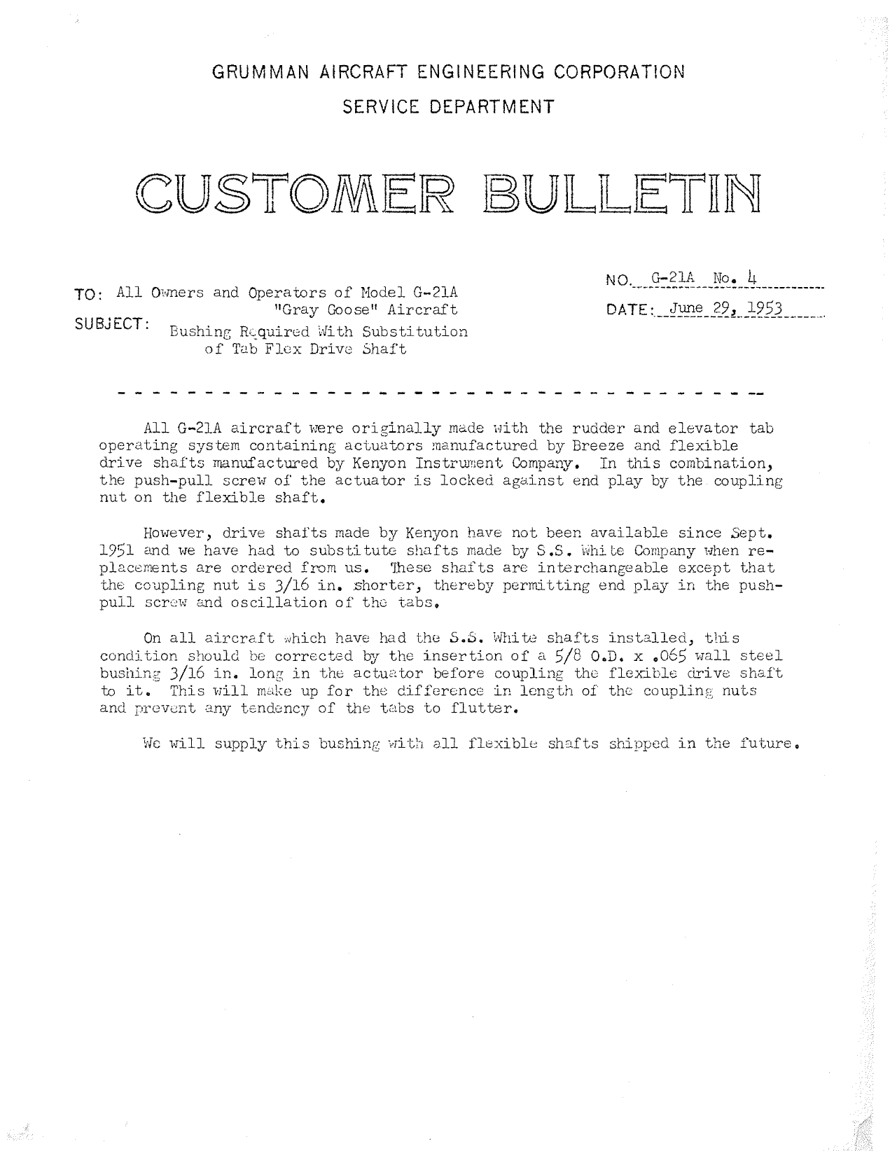 Sample page 1 from AirCorps Library document: Bushing Required with Substitution of Tab Flex Shaft for Model G-21A