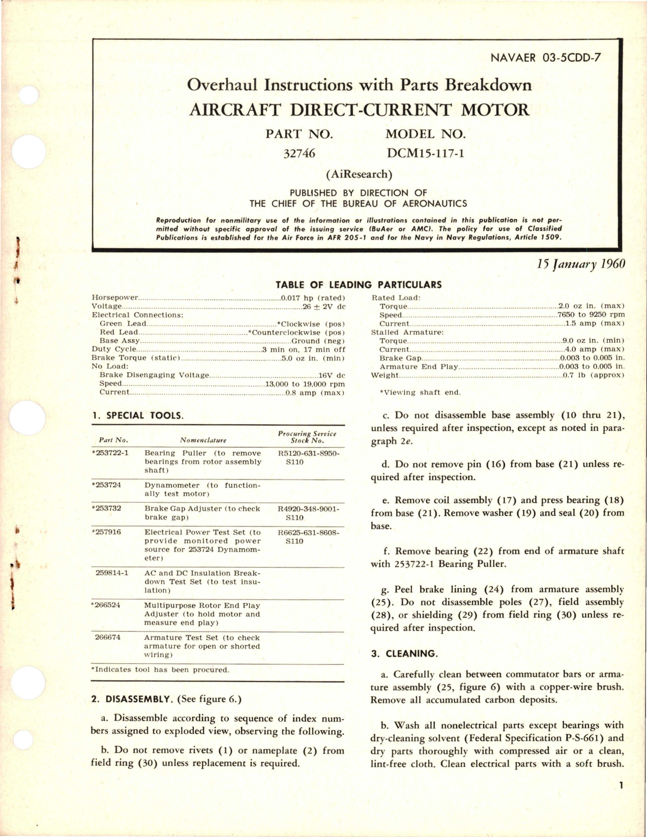 Sample page 1 from AirCorps Library document: Overhaul Instructions with Parts Breakdown for Direct Current Motor - Part 32746 - Model DCM15-117-1