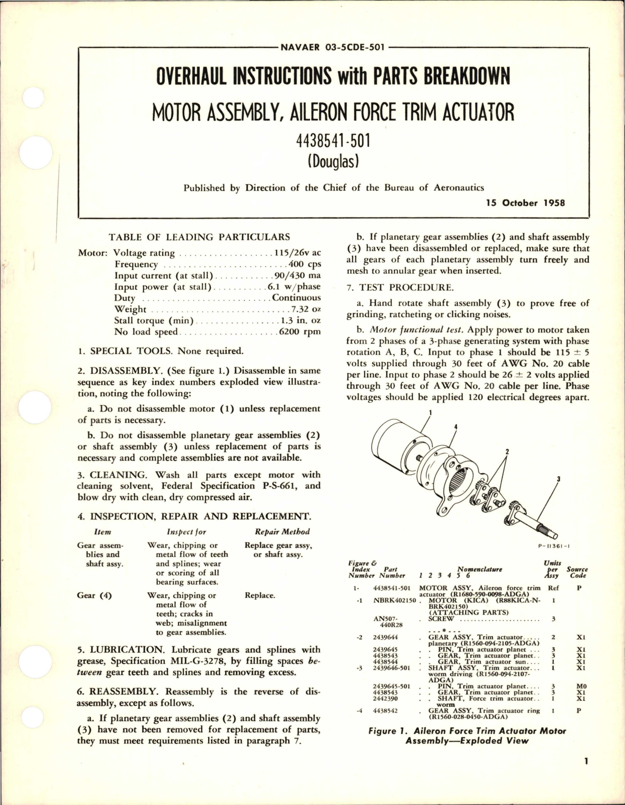Sample page 1 from AirCorps Library document: Overhaul Instructions with Parts Breakdown for Aileron Force Trim Actuator Motor Assembly - 4438541-501
