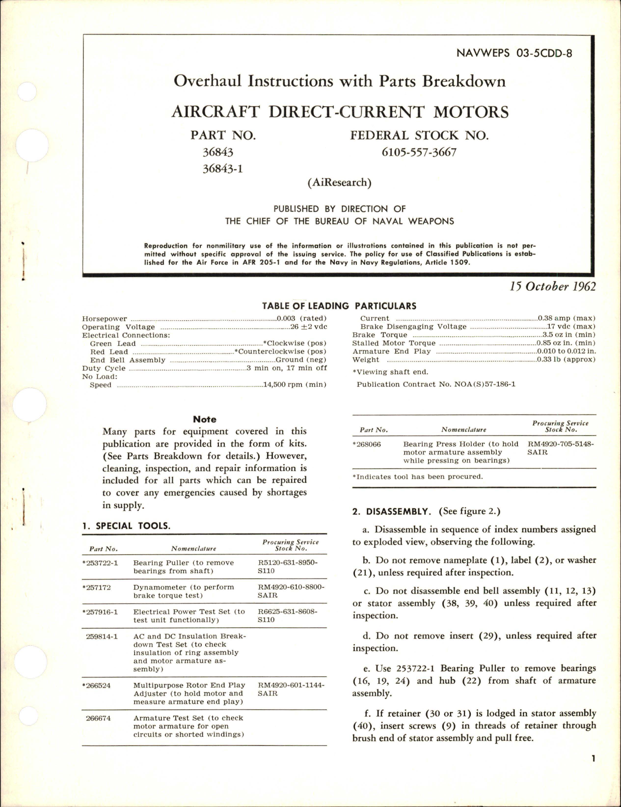Sample page 1 from AirCorps Library document: Overhaul Instructions with Parts Breakdown for Direct Current Motors - Parts 36843 and 36843-1