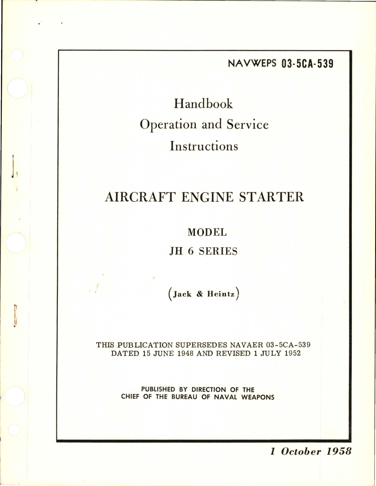 Sample page 1 from AirCorps Library document: Operation and Service Instructions for Aircraft Engine Starter - Model JH 6 Series