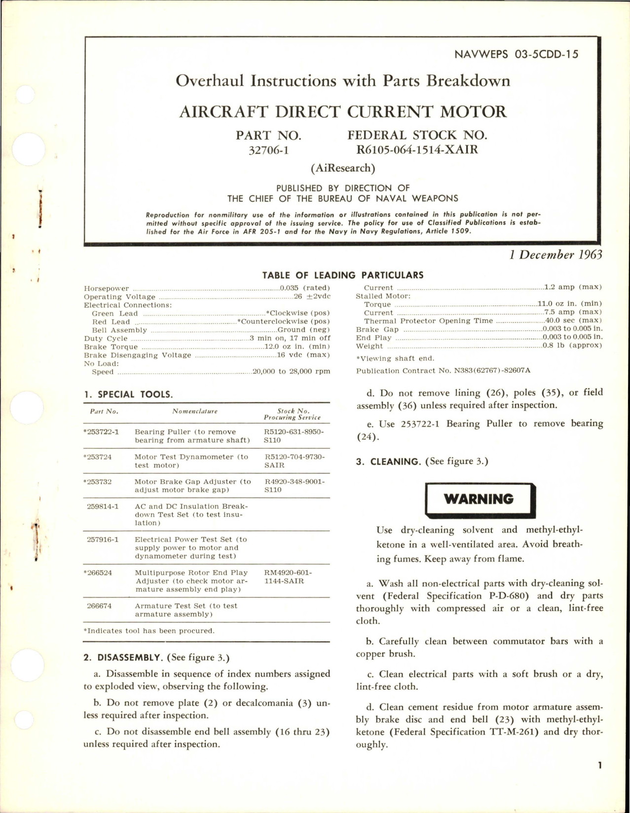 Sample page 1 from AirCorps Library document: Overhaul Instructions with Parts Breakdown for Direct Current Motor - Part 32706-1