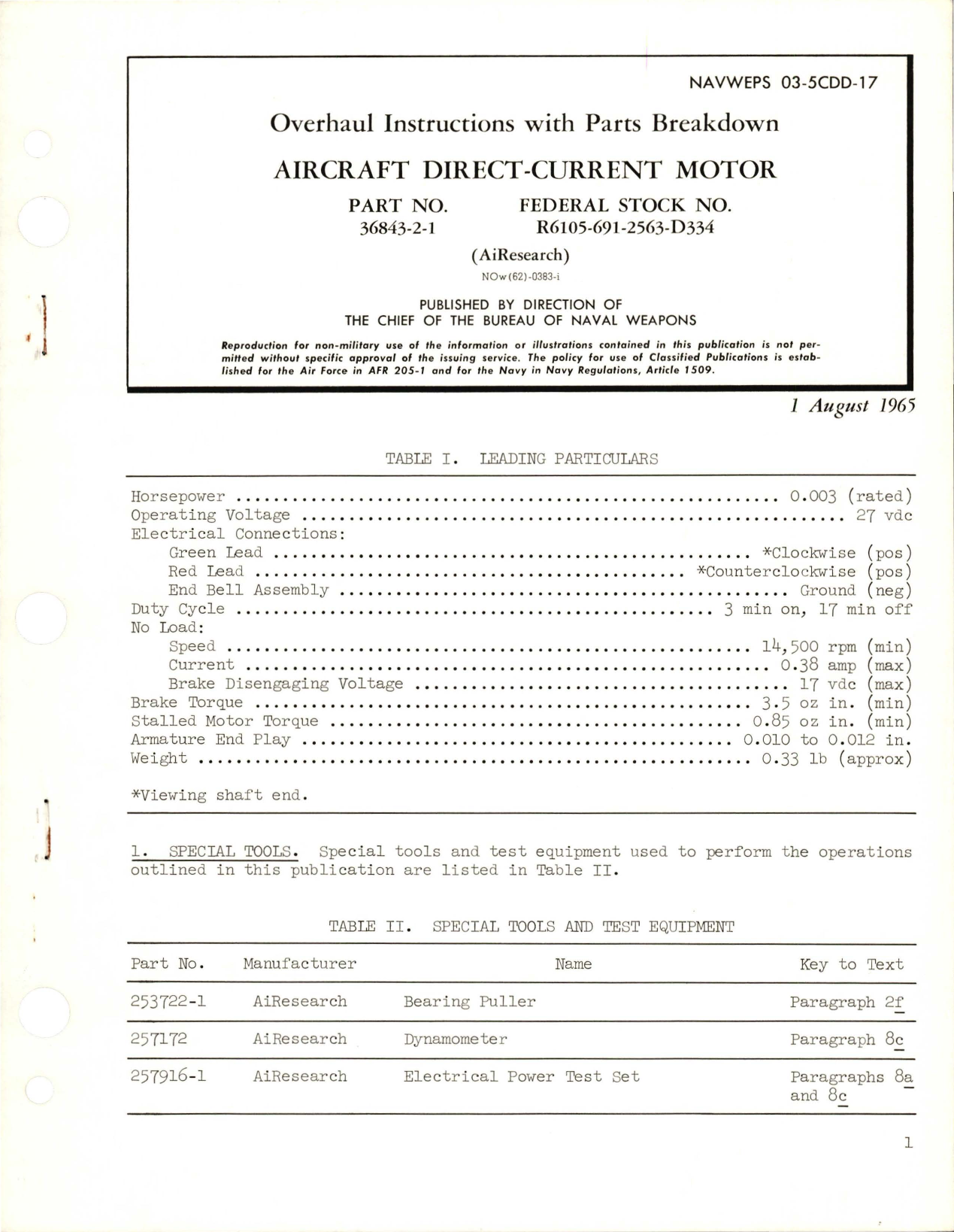 Sample page 1 from AirCorps Library document: Overhaul Instructions with Parts Breakdown for Direct Current Motor - Part 36843-2-1