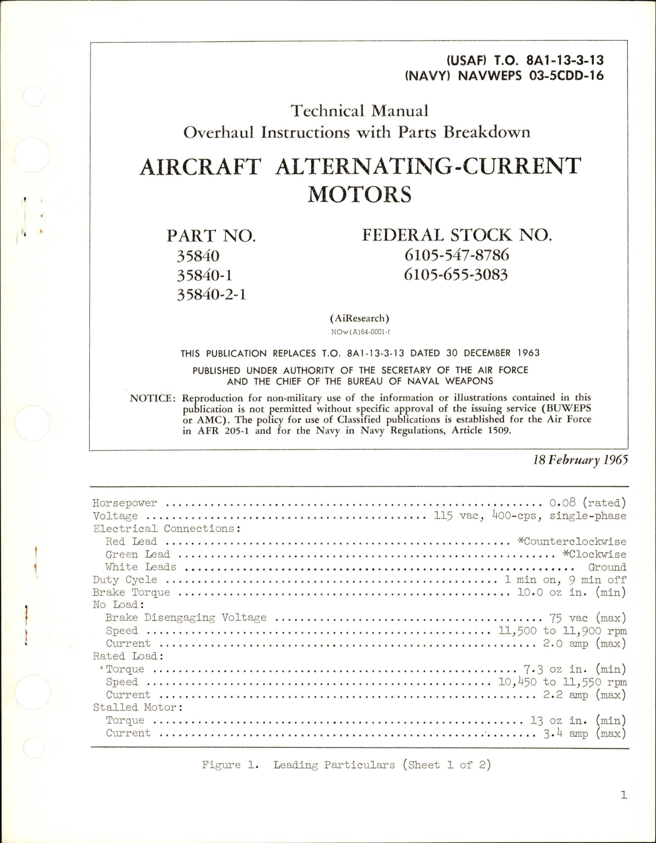 Sample page 1 from AirCorps Library document: Overhaul Instructions with Parts Breakdown for Alternating Current Motors - Parts 35840, 35840-1, and 35840-2-1
