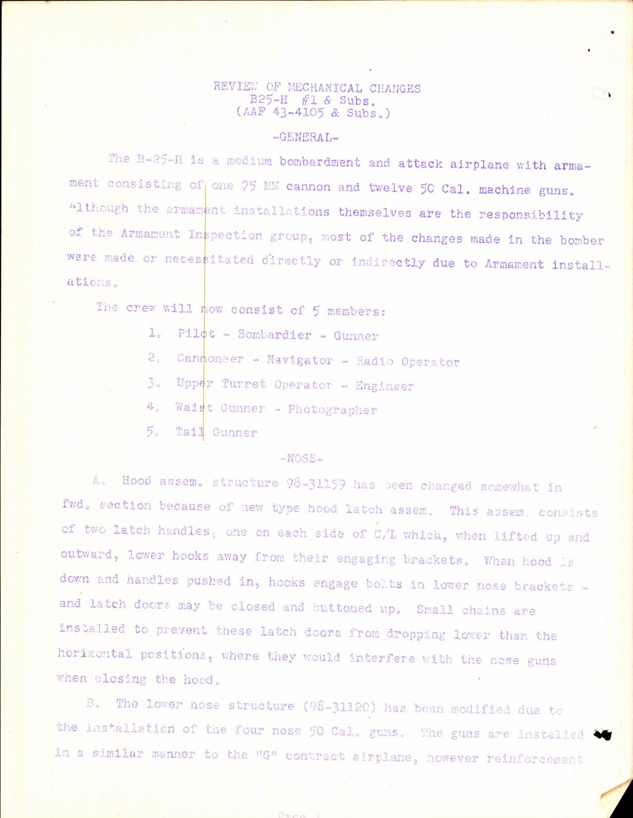 Sample page 4 from AirCorps Library document: Review of Mechanical Changes for B-25H #1 and Subs