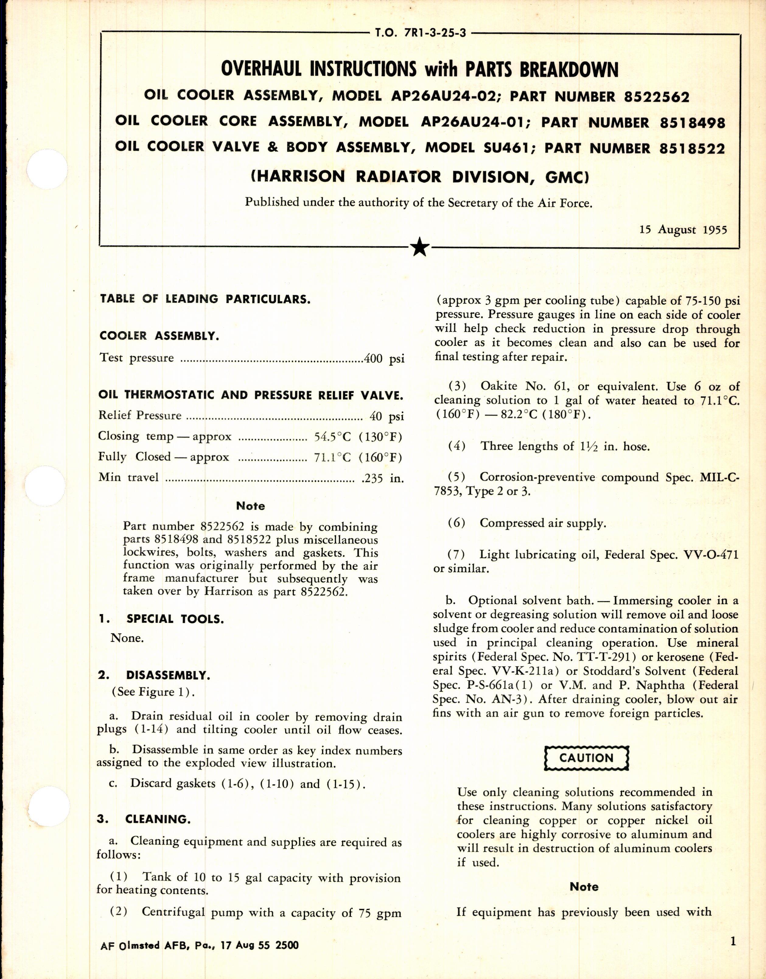 Sample page 1 from AirCorps Library document: Overhaul Instructions with Parts Breakdown for Oil Cooler Assembly Model AP26AU24-02 and AP26AU24-01