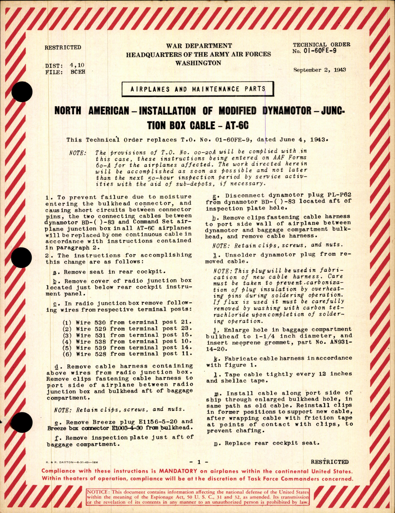 Sample page 1 from AirCorps Library document: Installation of Modified Dynamotor Junction Box Cable for AT-6C