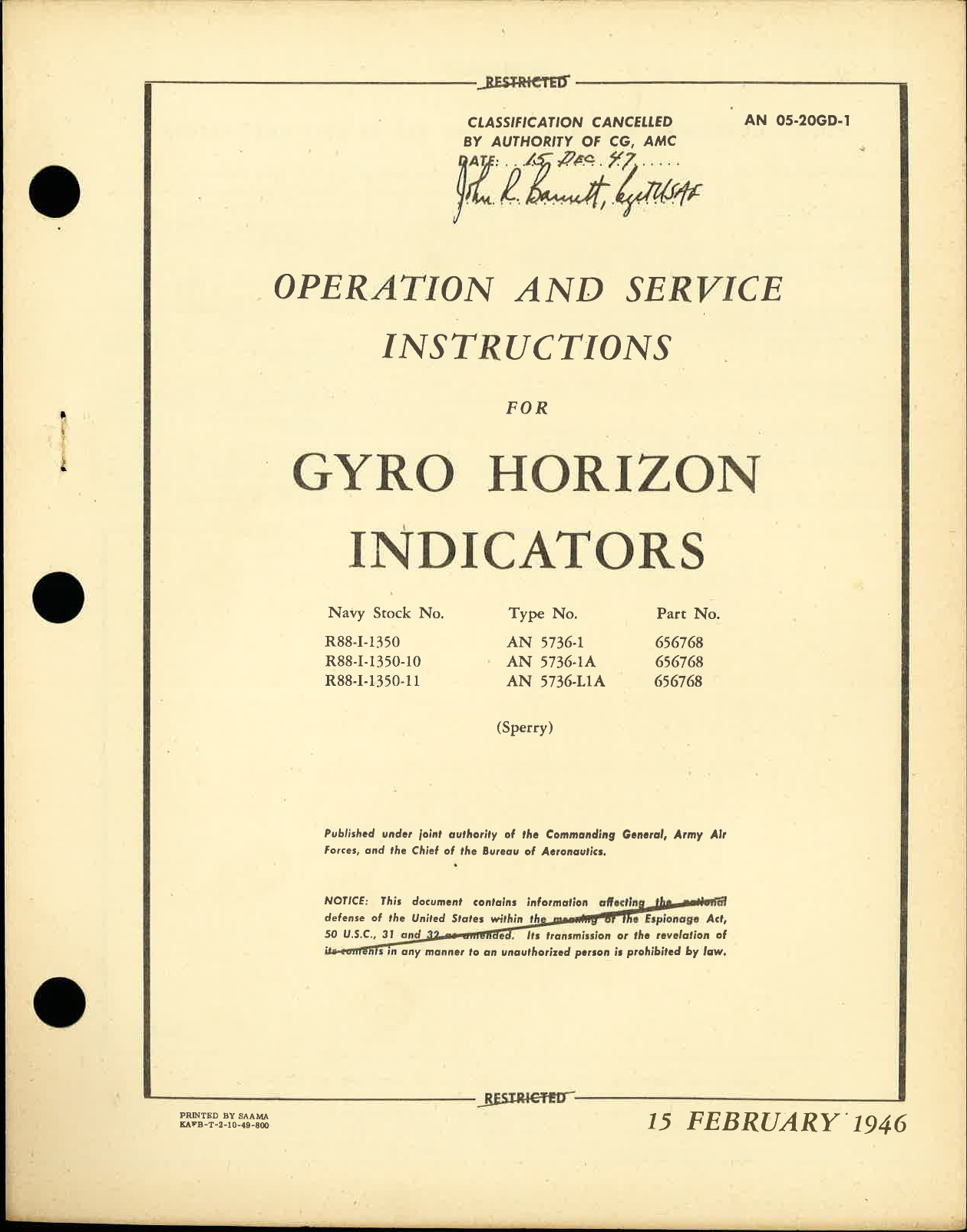 Sample page 1 from AirCorps Library document: Operation and Service Instructions Gyro Horizon Indicators